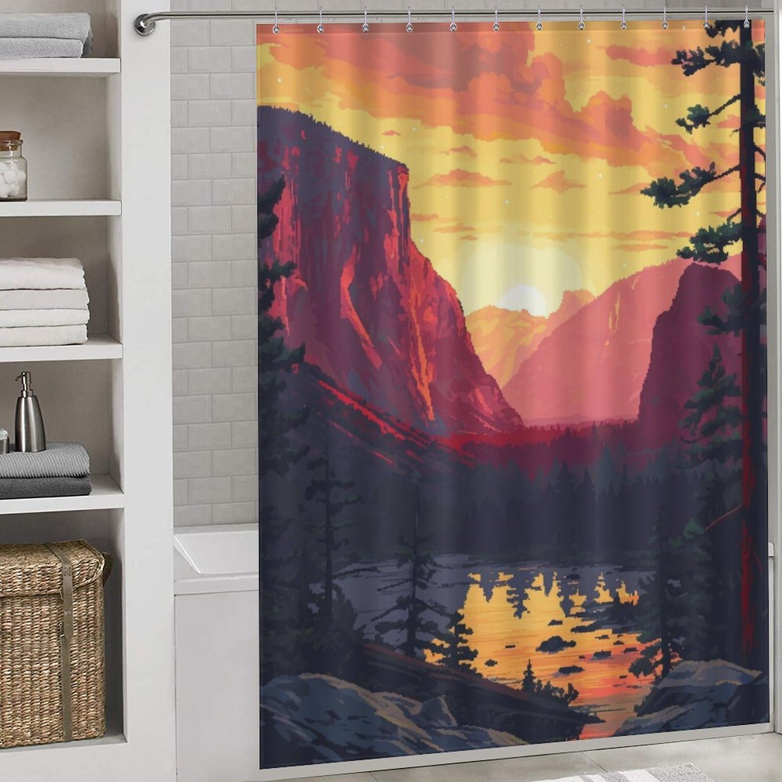 Rideau de douche Lake Yosemite pixel art en tissu imperméable lavable 163x180cm