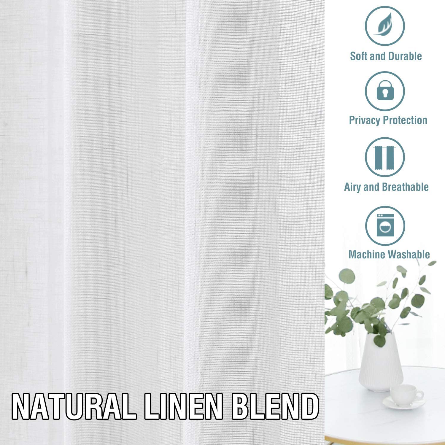 2 Pezzi Tende In Lino Per Interni, Semitrasparenti E Leggere Per Soggiorno E Camera Da Letto - Tasche Per Asta, 132x213 Cm, Bianco