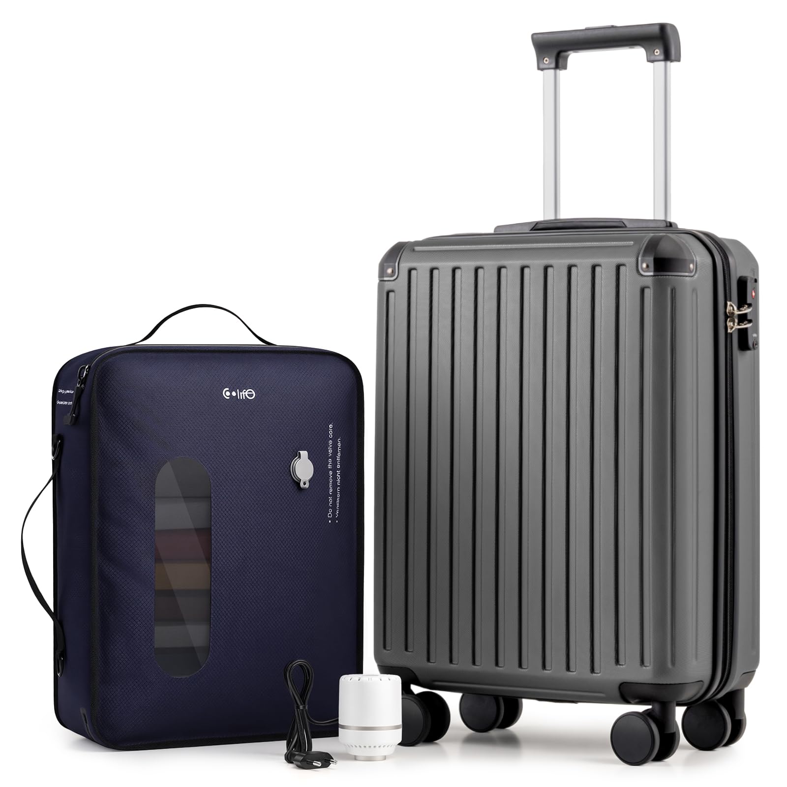 COOLIFE Easyjet Vakuum Handgepäck Koffer 55X40X20cm + Vakuumbeutel für Kleidung +60% mit Pumpe | ABS+PC Hartschalenkoffer mit TSA-Schloss und 4 Zwillingsrollen Für Ryanair, Grenzüberschreitende Reise