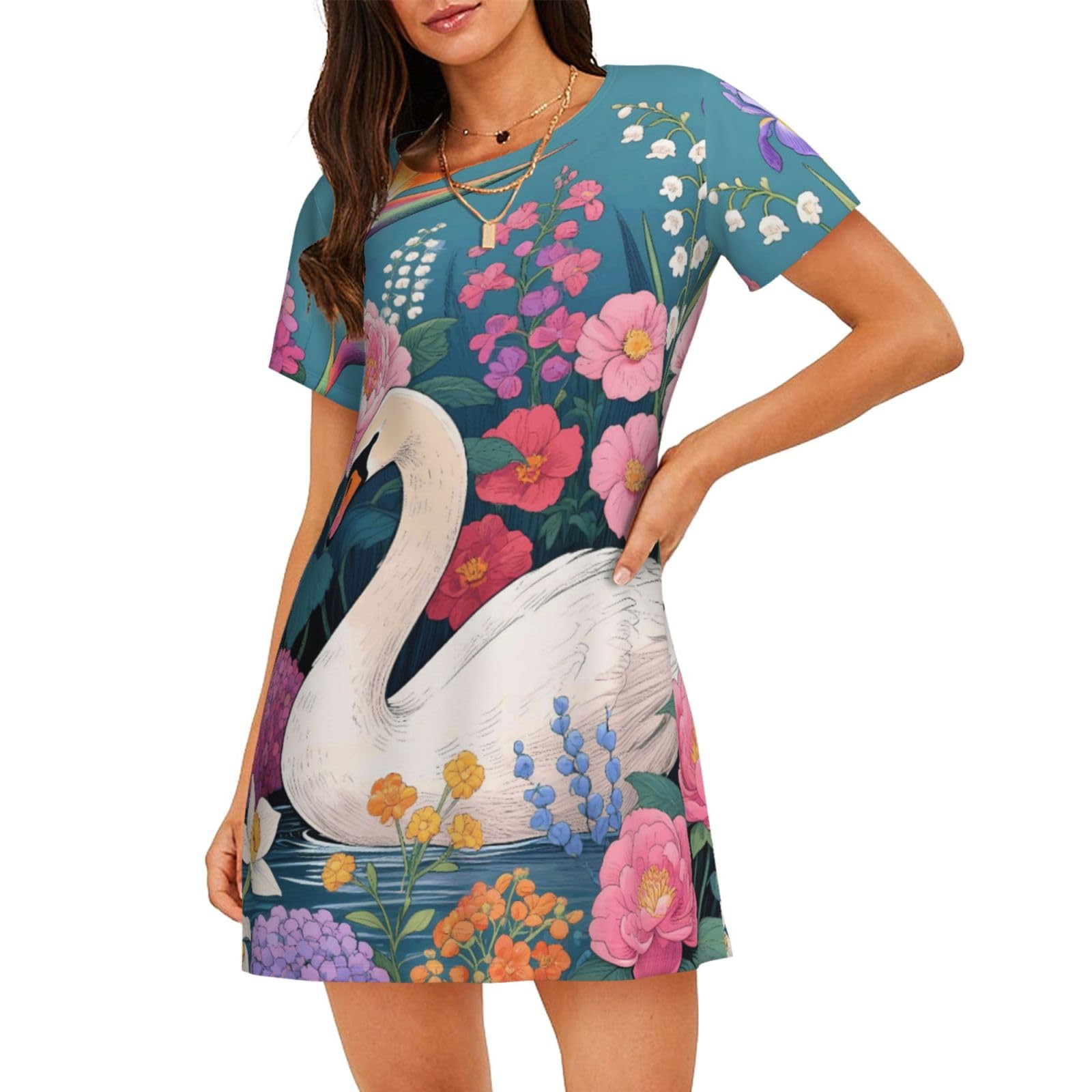 Zelinge Women Nightgowns Women’s Nightshirt Soft Nightdress Soft Sleepwear S-3XL, Swan Floral Teal, XL