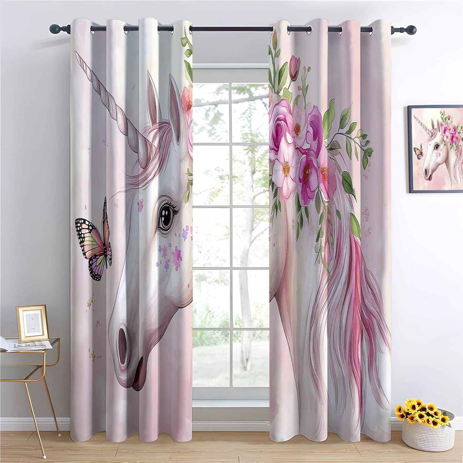 Light Red 2 Panels Set Blackout Curtains Fantasy Flowers Butterflies Unicorns Pattern, Window Drapes 28W X 63L Inches Grommet Curtains Treatments Heat, Room Decor Privacy Curtain for Bedroom