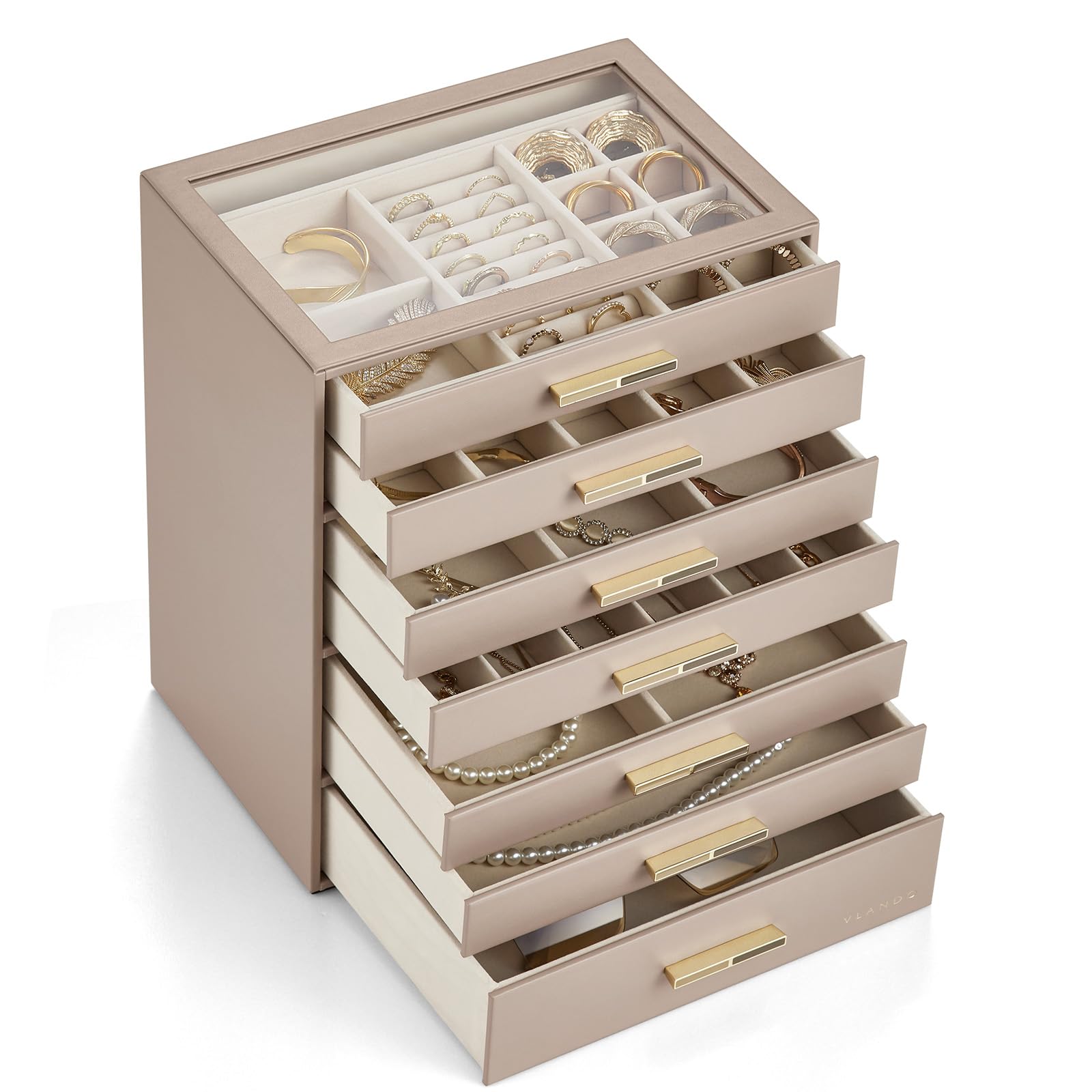 VLANDO Boîte à bijoux à 7 niveaux, boîte à bijoux, rangement de bijoux, organiseur de bijoux avec couvercle en verre, pour colliers, boucles d'oreilles, montres, bracelets, moderne, café au lait
