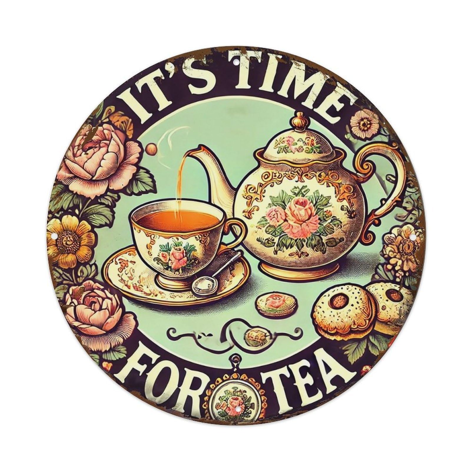Tea Pot Cup Flowers Donuts Retro Metal Sign Round Tin Sign, Vintage Decor Art Poster for Bar, Home, Man Cave, Kitchen, Laundry Room Gift 8x8Inch