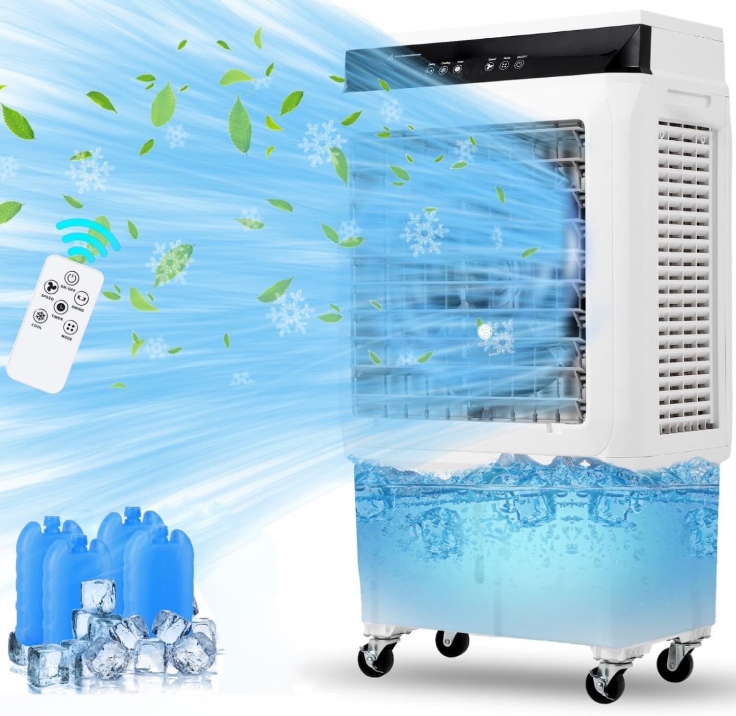 Enfriador de aire evaporativo, enfriador de pantano de 1800 CFM con control remoto, tanque de agua grande de 8.4 galones, ventilador de enfriamiento de 3 velocidades, 4 paquetes de hielo, aire