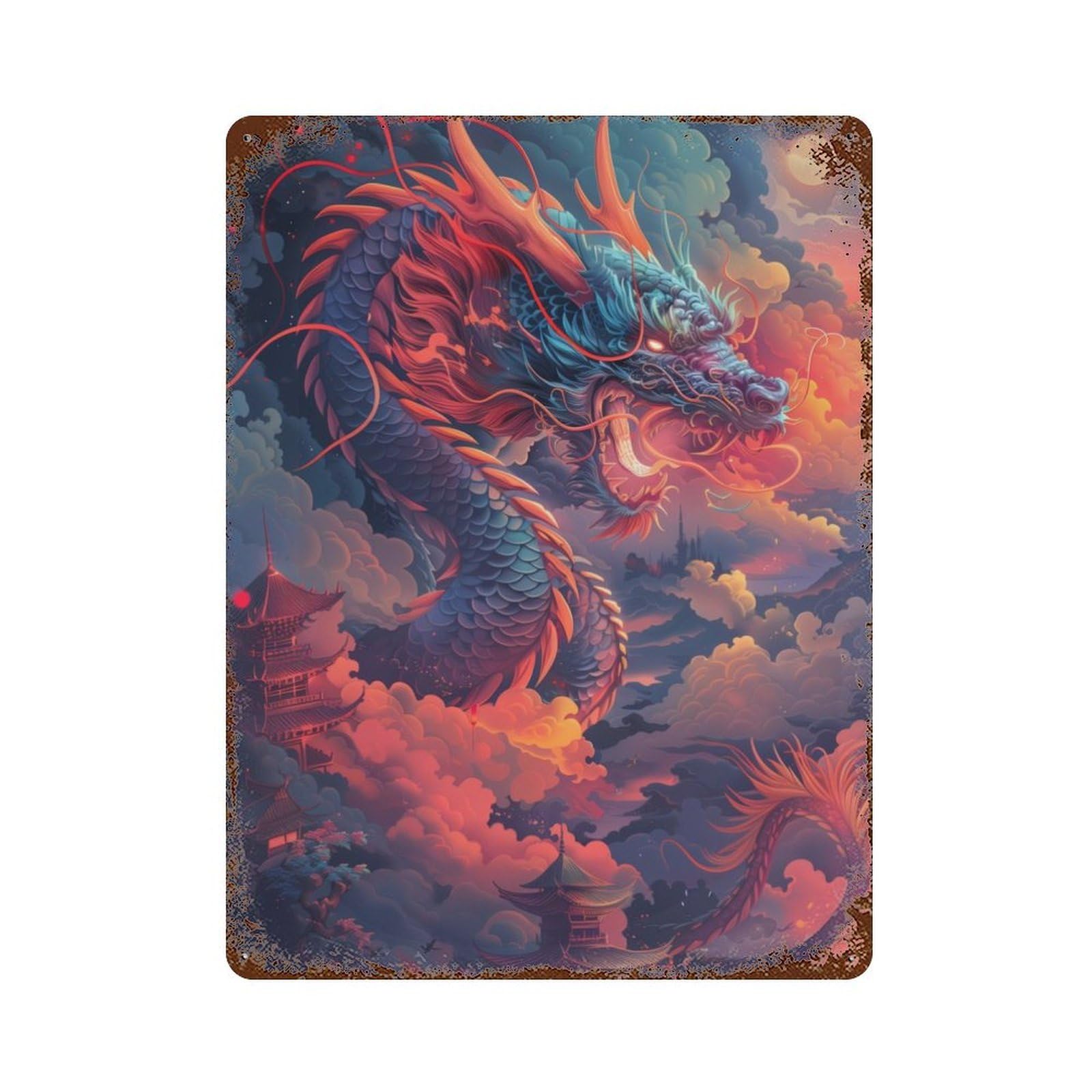 Ferocious Japanese Dragon Rustic Tin Plaque 15.7"x11.8", Farmhouse Wall Decor for Shed, Workshop And Garage Wall Decor