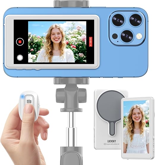Phone Vlog Selfie Monitor Screen, 4K 30fps Recording, Wireless Screen Mirroring Connection, with Magnetic Fixation & Remote Control, 180° Rotation, 3 Levels of Brightness, Compatible with iPhone
