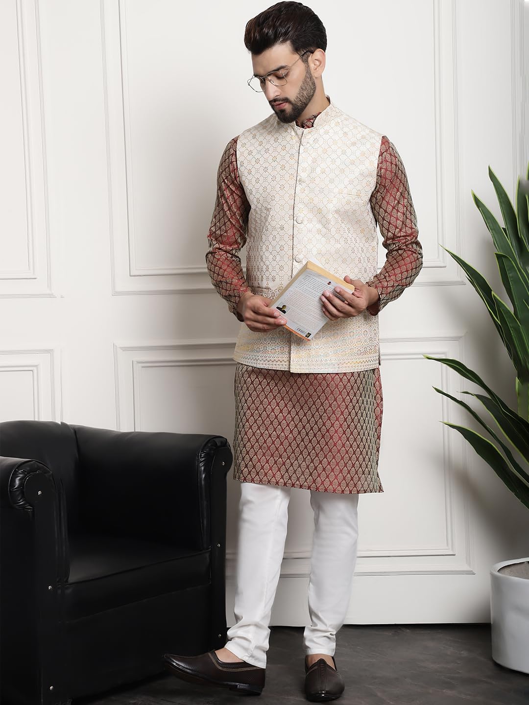Sojanya (Since 1958 Men's Jacquard Silk Maroon Kurta And Off-White Pyjama With Cream Nehru Jacket