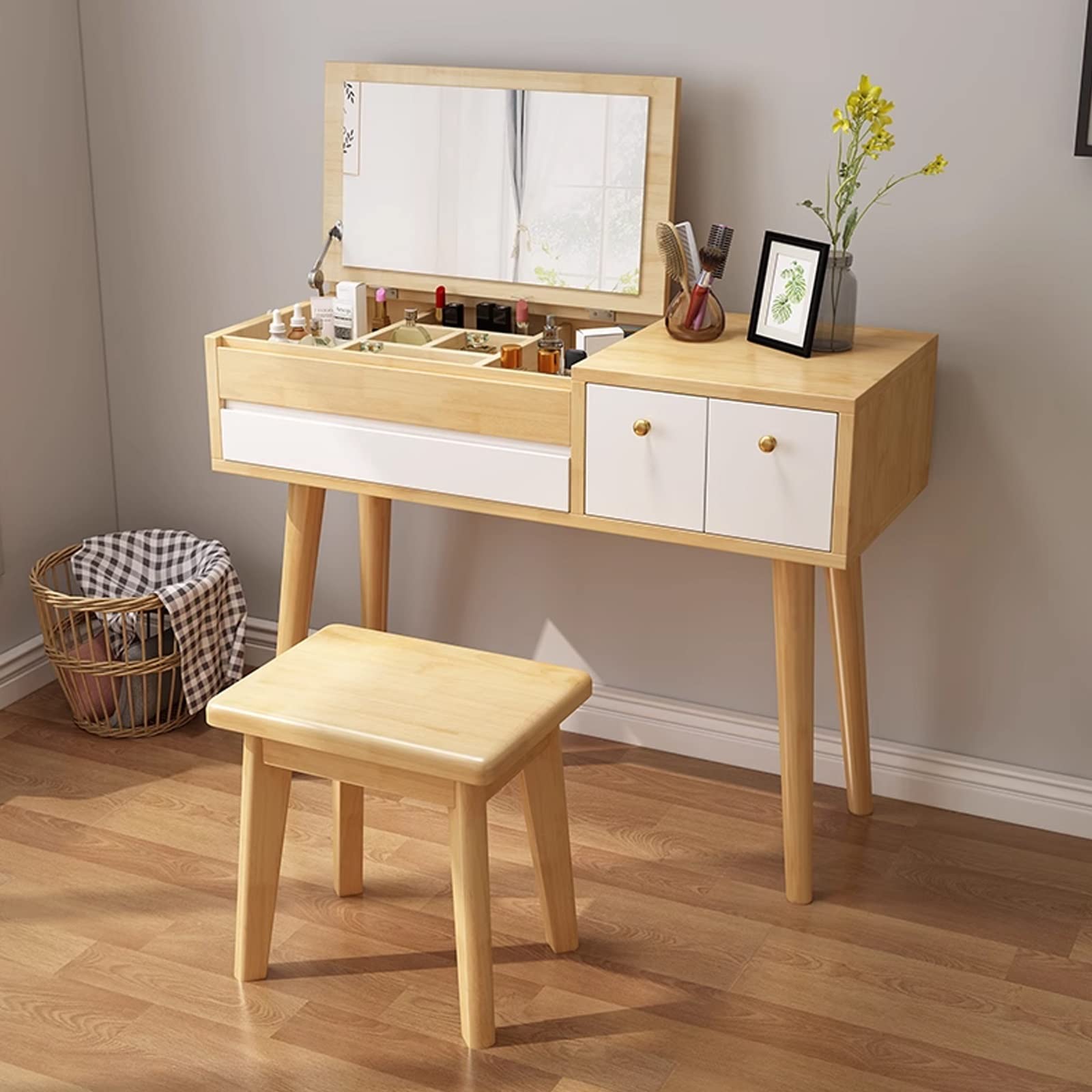 Schminktisch Set, Kosmetiktisch Mit Spiegel & Hocker, Frisierkommode Aus Massivholz Makeup Tisch Set Kosmetiktisch Für Mädchen Kosmetiktisch Computertisch Mit Große Tischplatte ( Color : C , Size : 1M