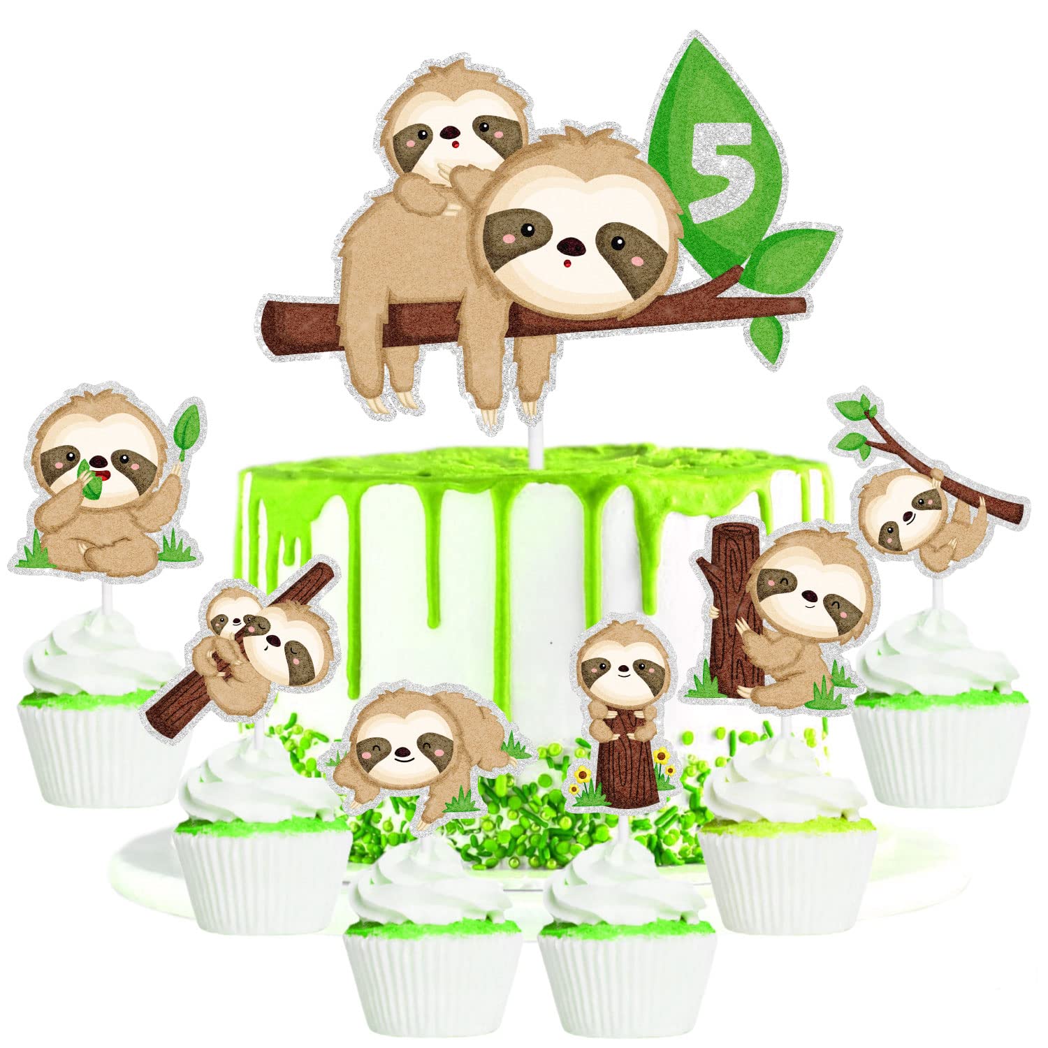 Sloth Cake Toppers Set of 7 Cute Wildlife Themed 5th Birthday, Perfect for Kids Baby Shower, Sloth Themed Party, or Boys and Girls Sloth Themed Birthday Party Decorations. SugarGera