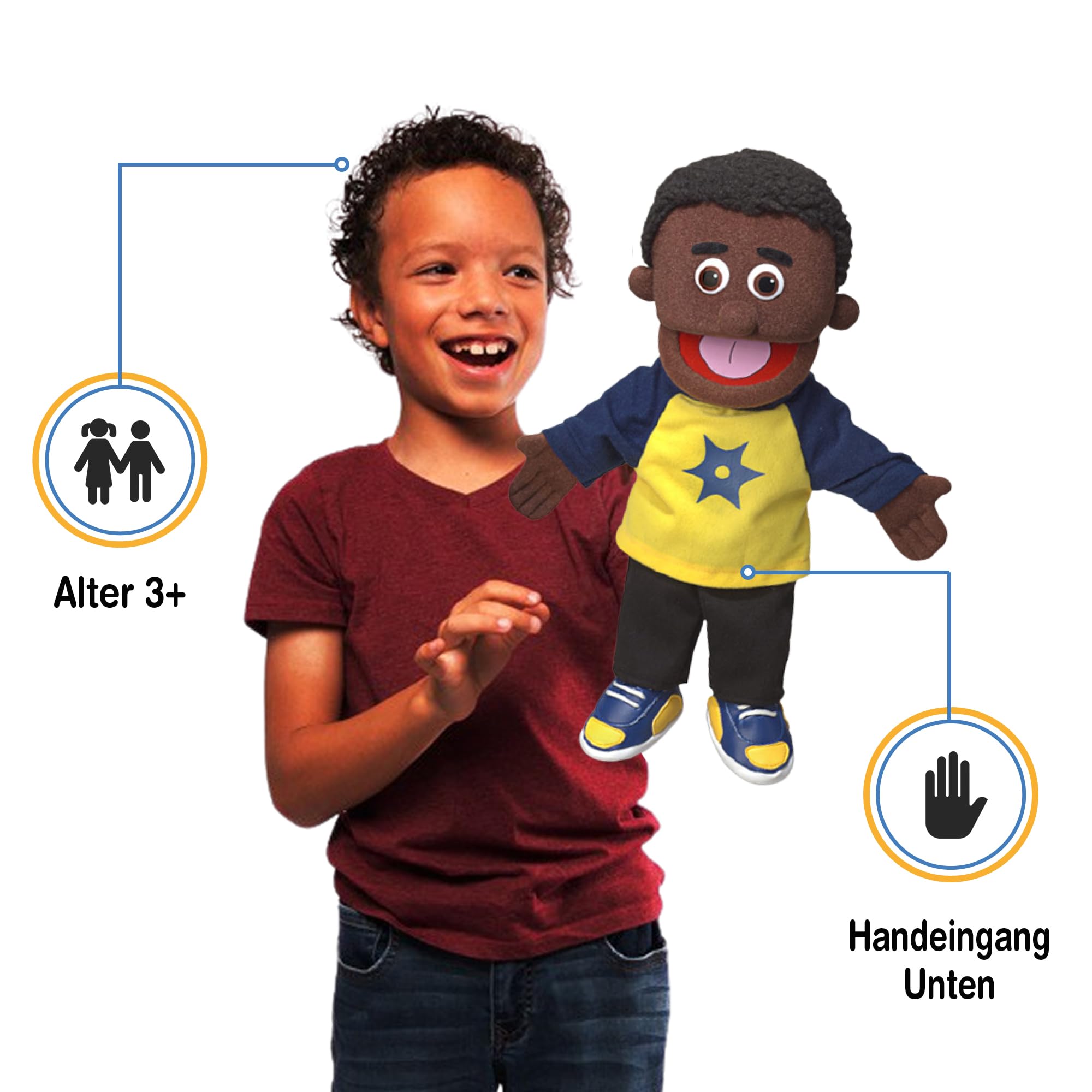 Jordan, Schwarze 40cm Handpuppe für Kinder von Silly Puppets | Mit Beweglichem Mund Und Armen | Abnehmbare Handwaschbare Kleidung