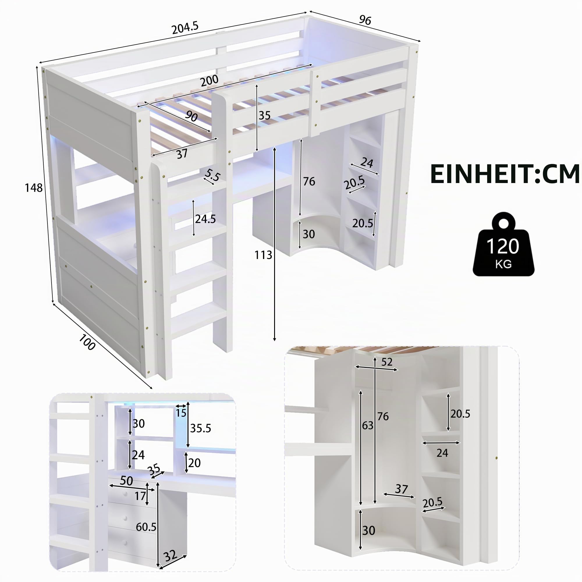 Moimhear Hochbett, Mit LED-Leuchten, Kleiderschrank und Schreibtisch, mit Schubladen und Staufächer, Ohne Matratze, Weiß (90x200cm)