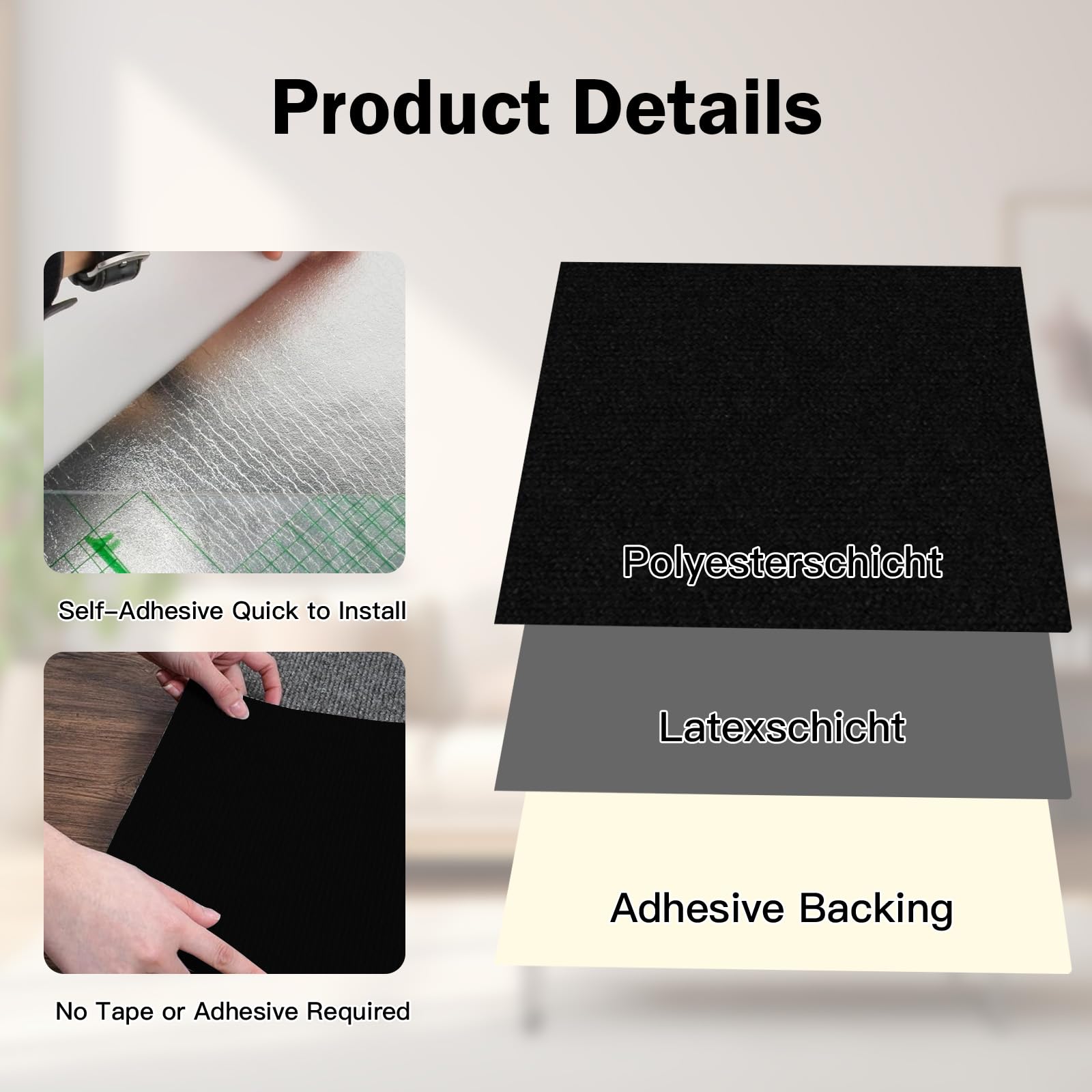 Azulejos de alfombra autoadhesivos, 30 x 30 cm, juego de 10 unidades, 0,9 m², alfombra con respaldo, autoadhesiva, alfombra resistente para el hogar, oficina, comercio, negro