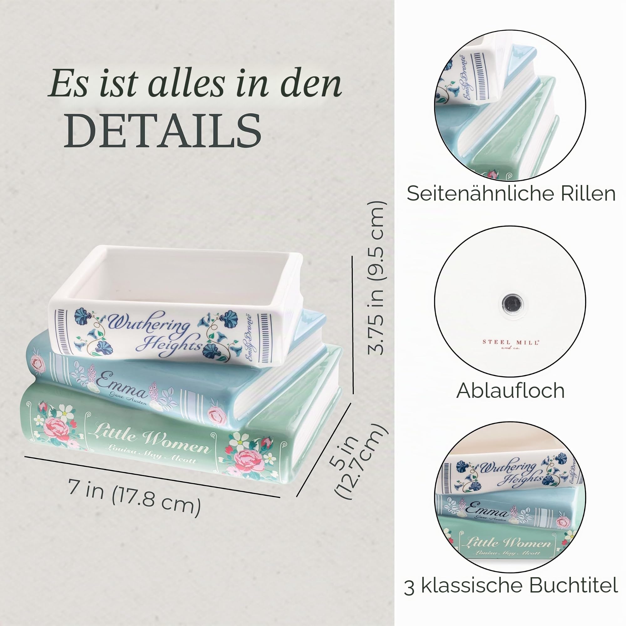 Steel Mill & Co Buchförmiger dekorativer Übertopf, Keramik-Pflanzgefäß für Heimdekoration, niedliches Bücherregal-Dekor, einzigartiger Übertopf für Buchliebhaber, Klassische Titel