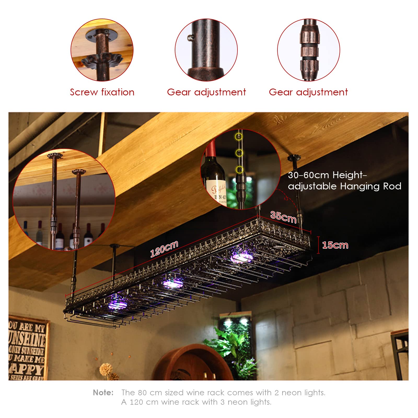 Portabottiglie da Appendere Capovolto, Porta Bicchieri da Vino, Altezza Regolabile 30-60 cm, espositore per Bar, ristoranti e cucine.