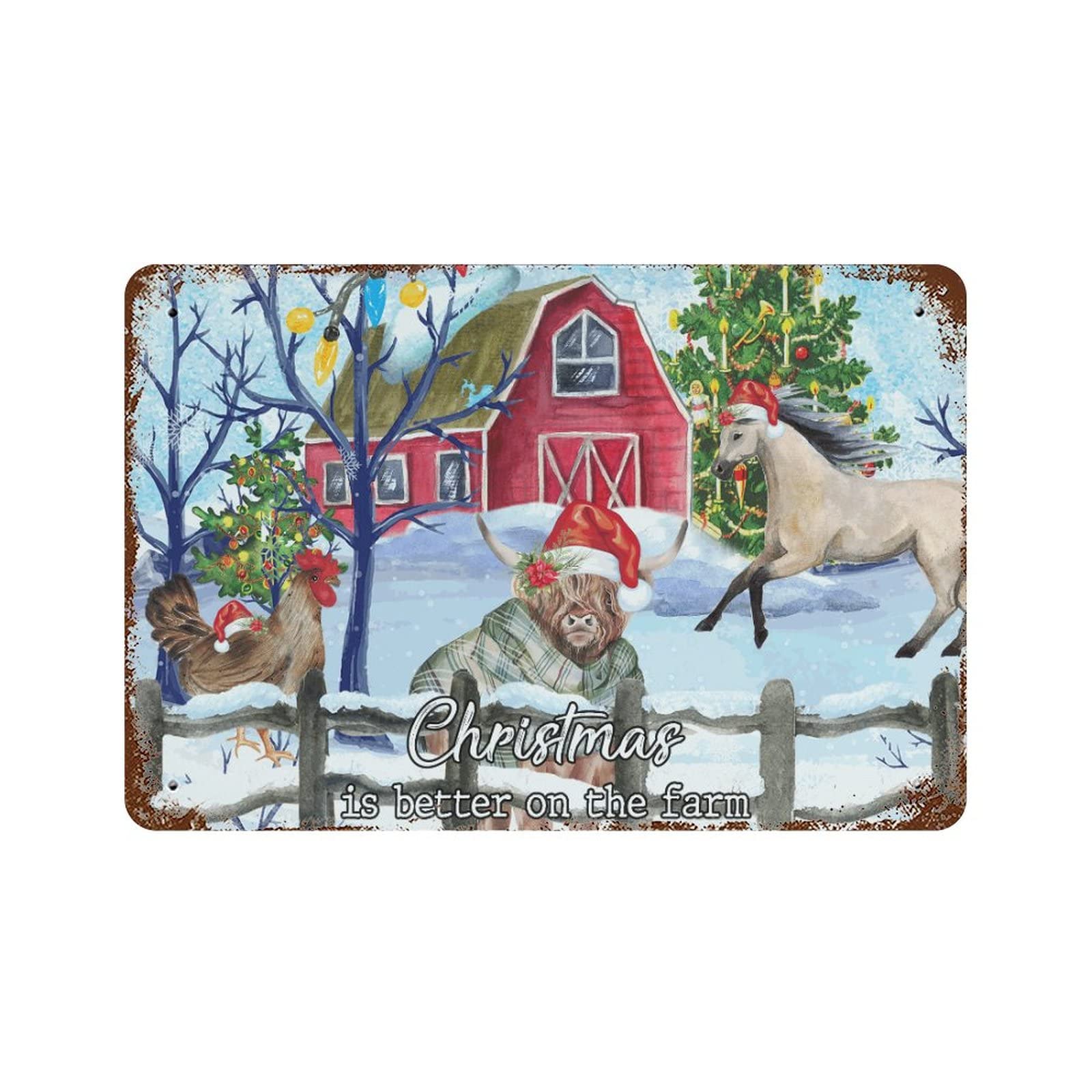 Plaque métal Noël animaux de la ferme style vintage 30x45 cm
