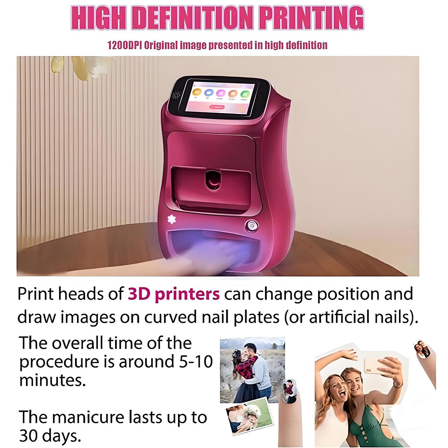 Máquina Inteligente para Pintar uñas 3D, Impresora portátil Digital móvil para decoración de uñas con Pantalla táctil, Belleza y Cuidado Personal para uñas en casa de niñas Pink