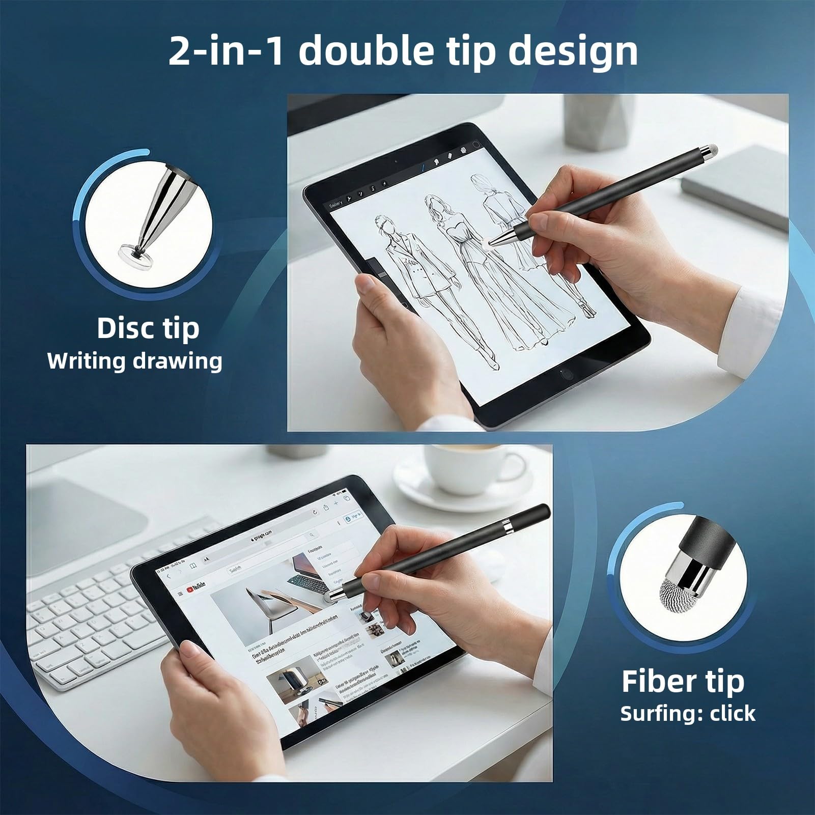 Lot de 2 stylets universels 2 en 1 pour tablette écran tactile, compatible iPad, Samsung, Huawei, blanc/noir