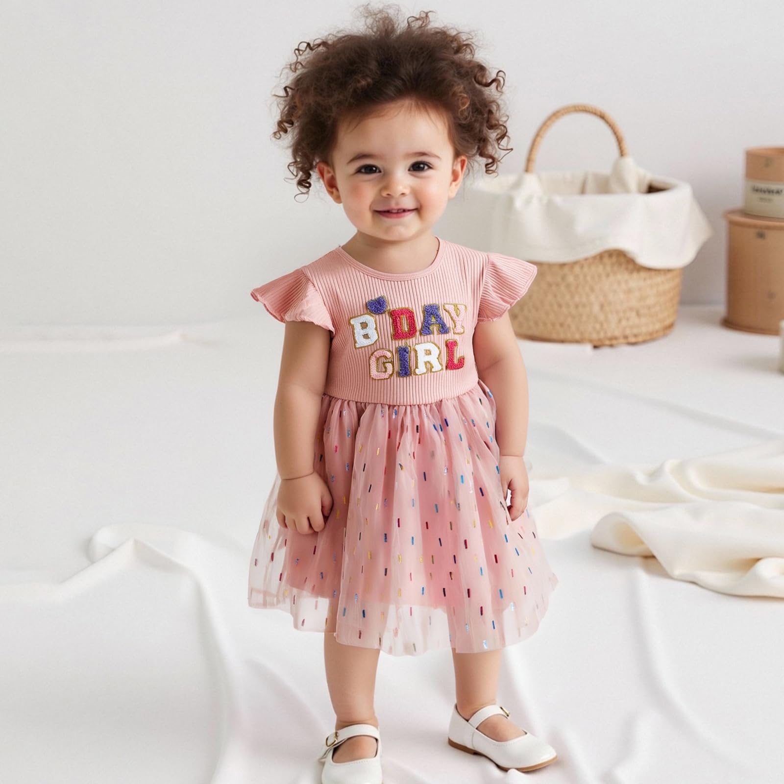 Toddler Baby Girl Birthday Outfit Birthday Girl Ruffle Short Sleeve Patchwork Tulle Dress Little Girl Summer Clothes (Sequin-Pink, 2-3 Years)