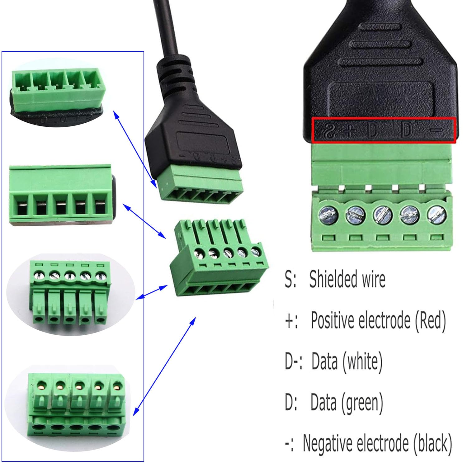 RUNCCI-YUN 2 Stück Micro USB Terminalstecker männliches Kabel, Lötfrei Micro USB auf 5-poliges Schraubklemmenblock