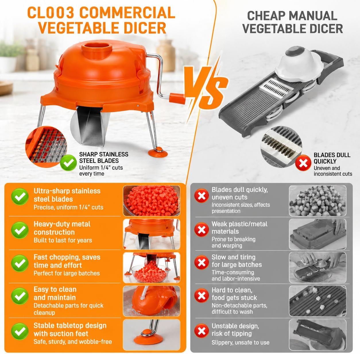 CL003 Commercial Vegetable Dicer, CL003 Dynacube Manual Tabletop Cuber, Heavy Duty 1/4" x 1/4" Food Prep Cutter, Orange Kitchen Vegetable Cutting Tool, Durable for long lasting use