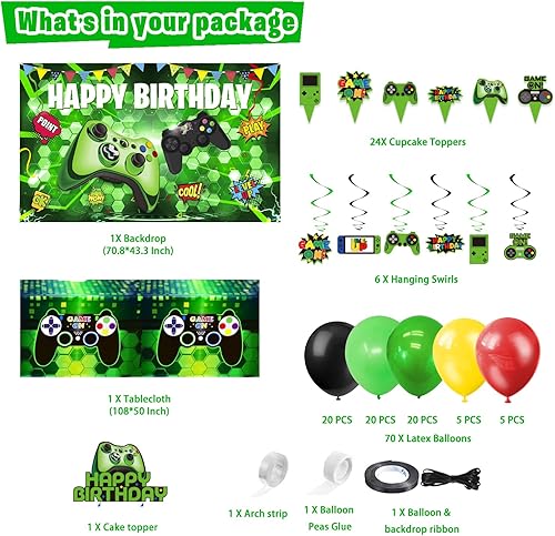 Miniatura 2 de Decoraciones de fiesta de cumpleaños de videojuegos, 108 piezas, suministros de fiesta de juegos verdes para niños, telón de fondo, cubierta de