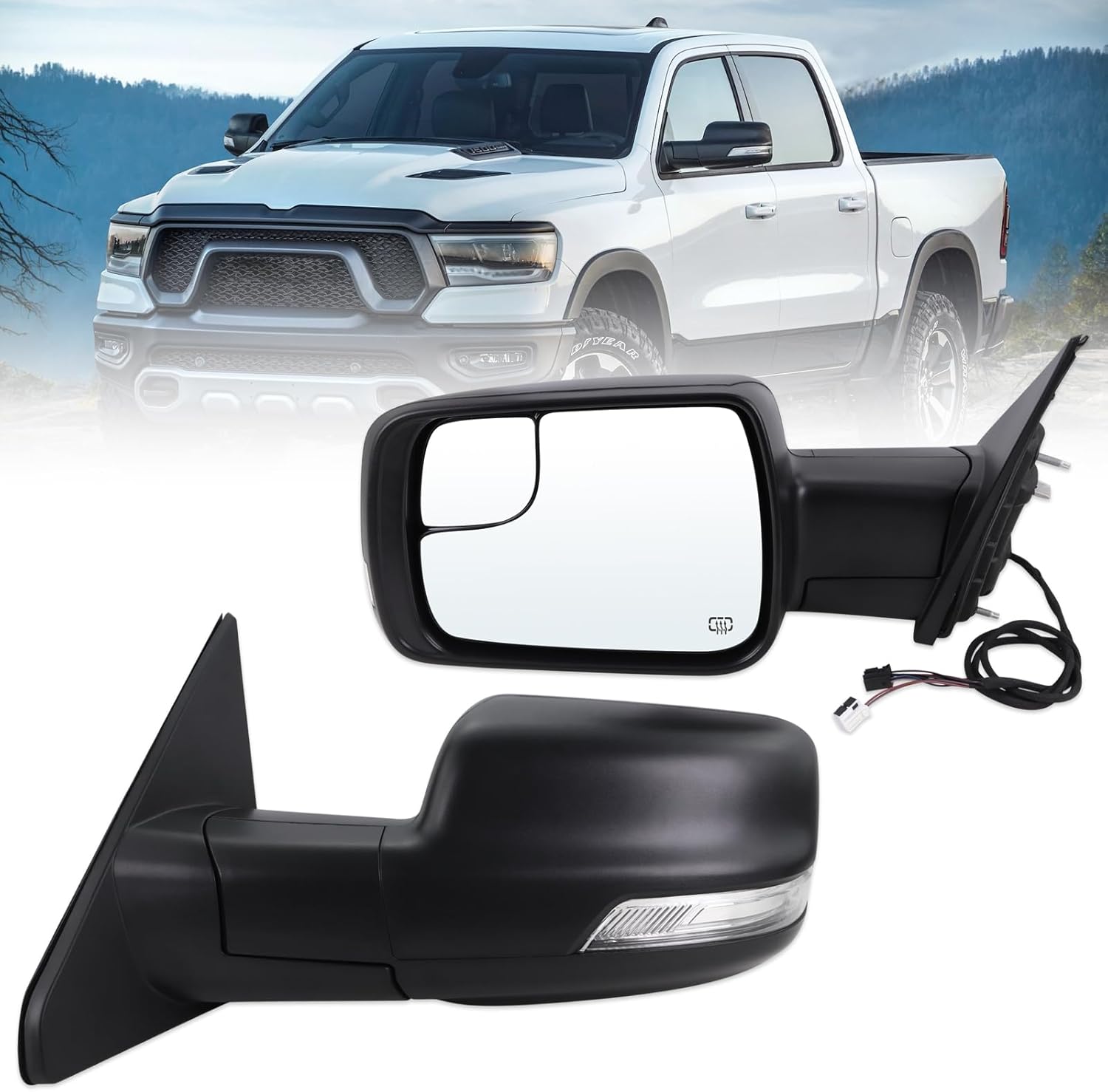 Left Driver Side Mirror Compatible With 2019-2026 Ram 1500 With Manual Folding Heated Turn Signal Puddle Light Temperature Sensor Matte Black Replace#5ZK43KARAH(8+2Pins)