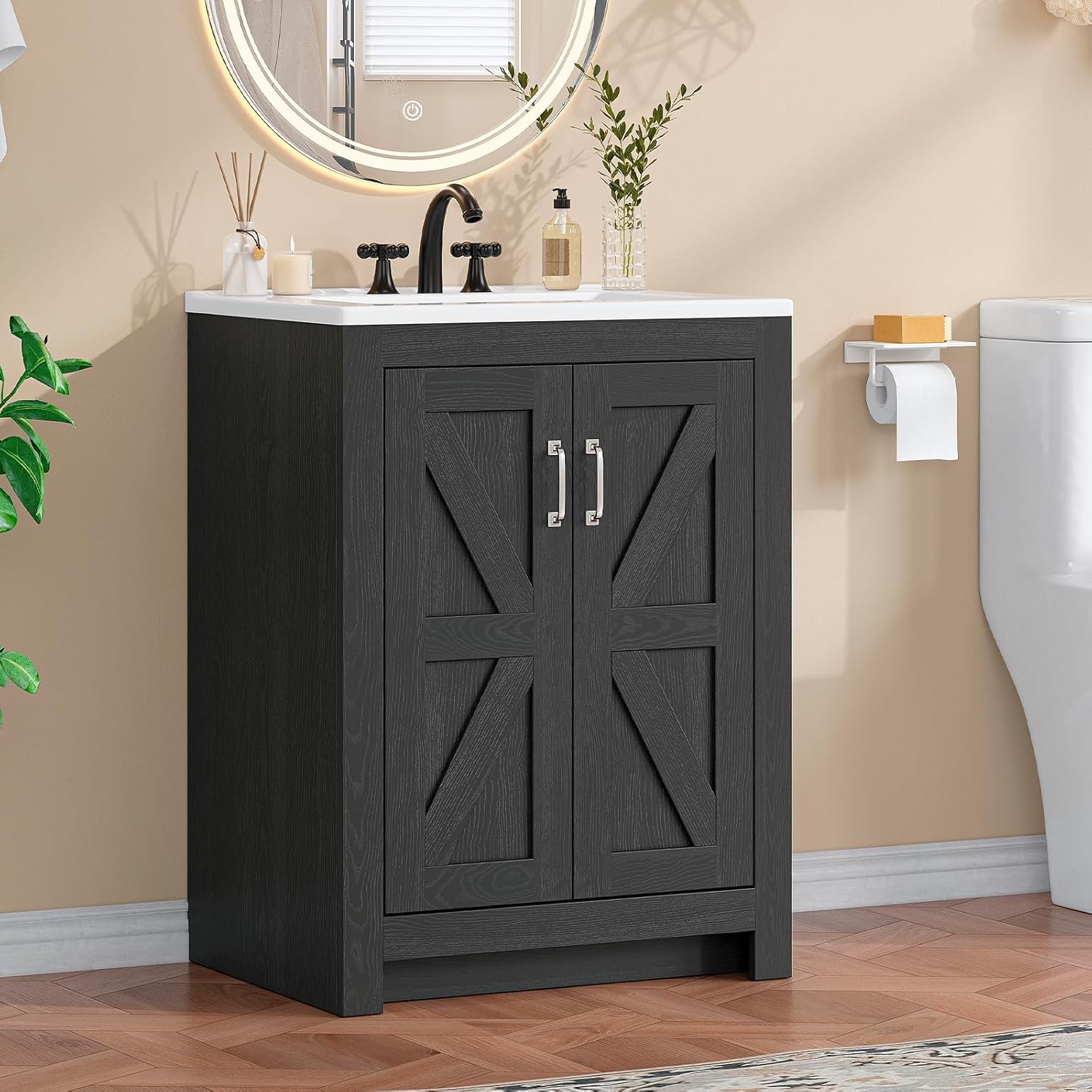ONBRILL Farmhouse Bathroom Vanity with Sink, Freestanding Bathroom Vanities with Ceramic Basin & Soft-Close Door, Wood Cabinet with Adjustable Shelf for Apartment & Powder Room (Black, 24")