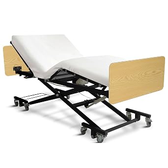 Ultra Low Electric Hospital Bed for Home Use with Memory Foam Mattress, Qbar Rails, Oak Boards - 7" - 31" Height Range, 36" Wide, 80-84-88" Adjustable Length, Hand Pendant, 500 lbs Capacity