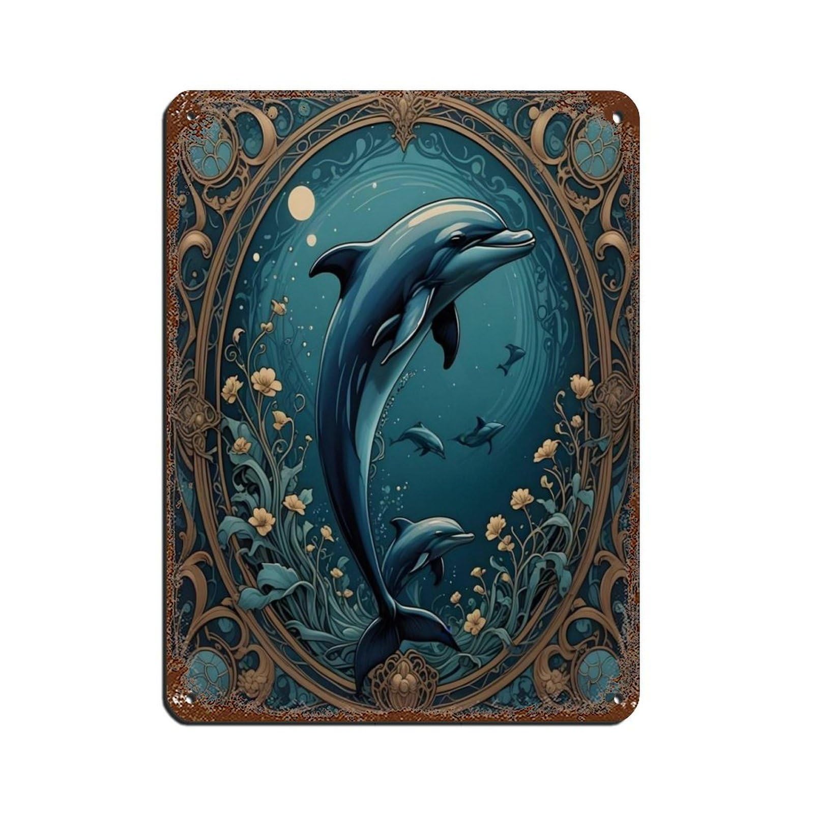 Art Nouveau Blue Dolphin,Vintage Retro Art Tin Sign Vintage Metal Pub Club Cafe Bar Home Wall Art Decoration Poster Retro 12x16inch(30x40cm)