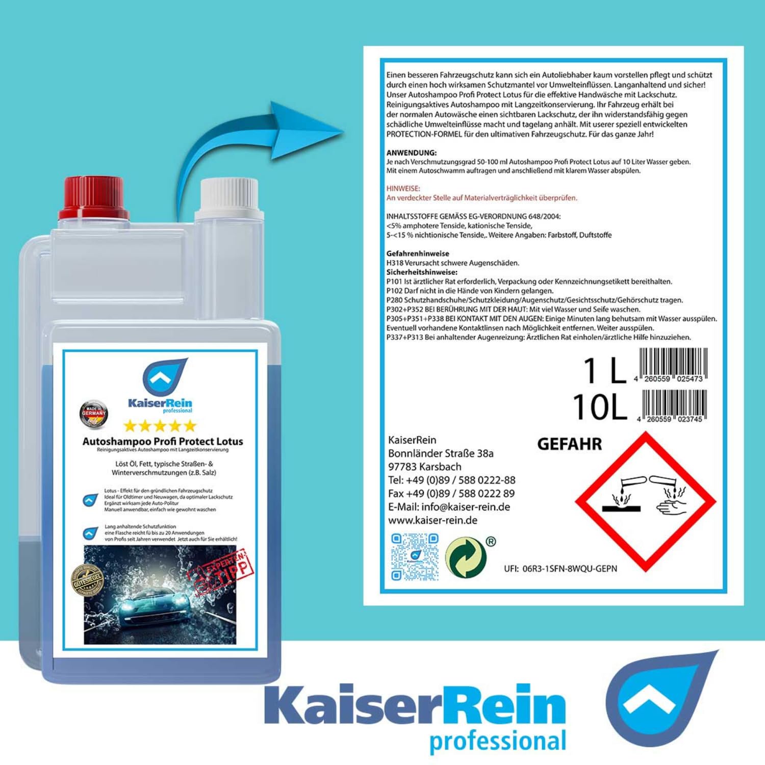 KaiserRein Autoshampoo Profi 10 L Autowaschmittel mit Wax und Trocknungshilfe Auto KFZ