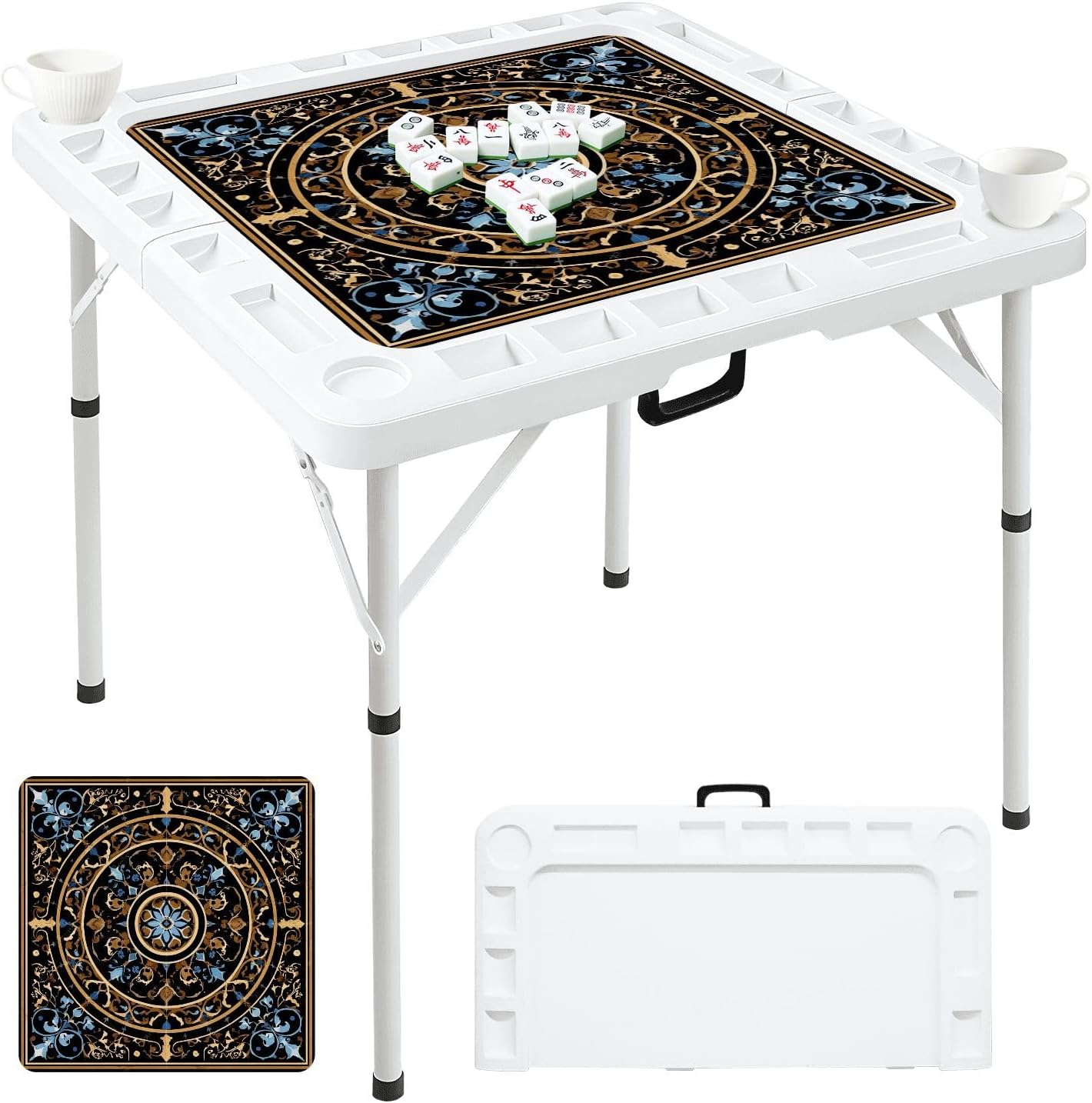 Folding Mahjong Table with Vibrant Sunflower Cornflower Floral Bouquet Butterflies Wear-Resistant Mahjong Mat, 4 Cup Holders & Chip Trays for 4 Players Square Portable Card Table for Poker Domino