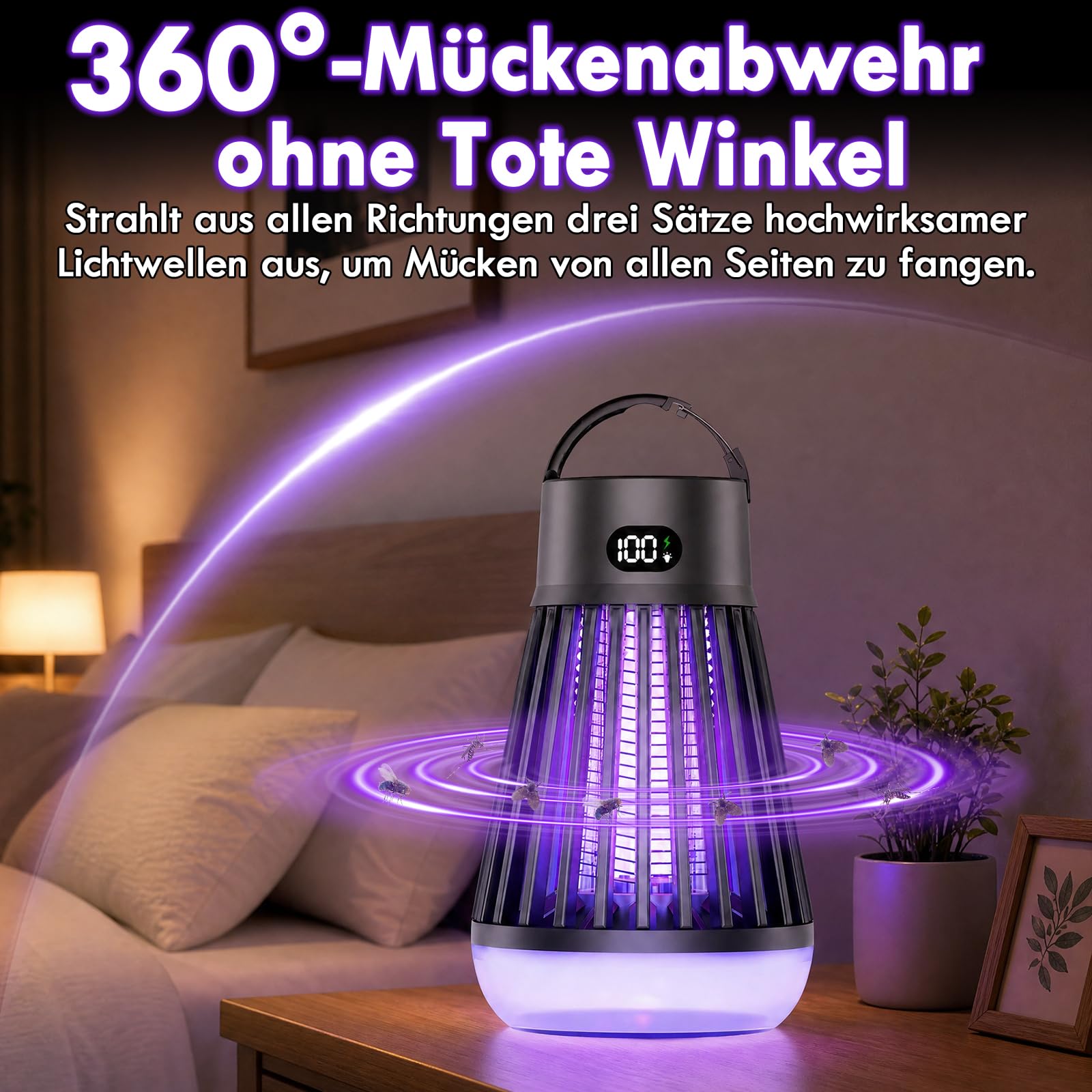 Insektenvernichter Elektrisch LED-Beleuchtung, 360° UV Mückenlampe Fliegenfalle,Mückenfalle USB für Innen Außen Outdoor IPX5 Anti Insektenlampe Camping, Schlafzimmer Küche Wohnmobil Balcony Garten