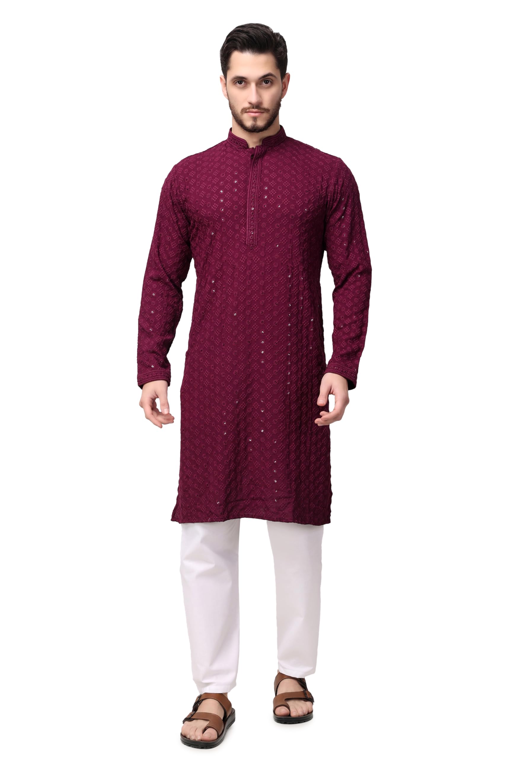 royal kurta Men's Silk Blend Sequence Mirror Work Kurta Churidaar Set-picture-19