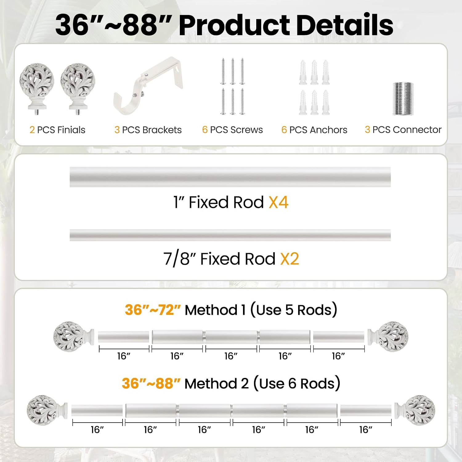 Ycolnaefllr Carved Leaf Curtain Rod, Weathered White, Adjustable 36-88"
