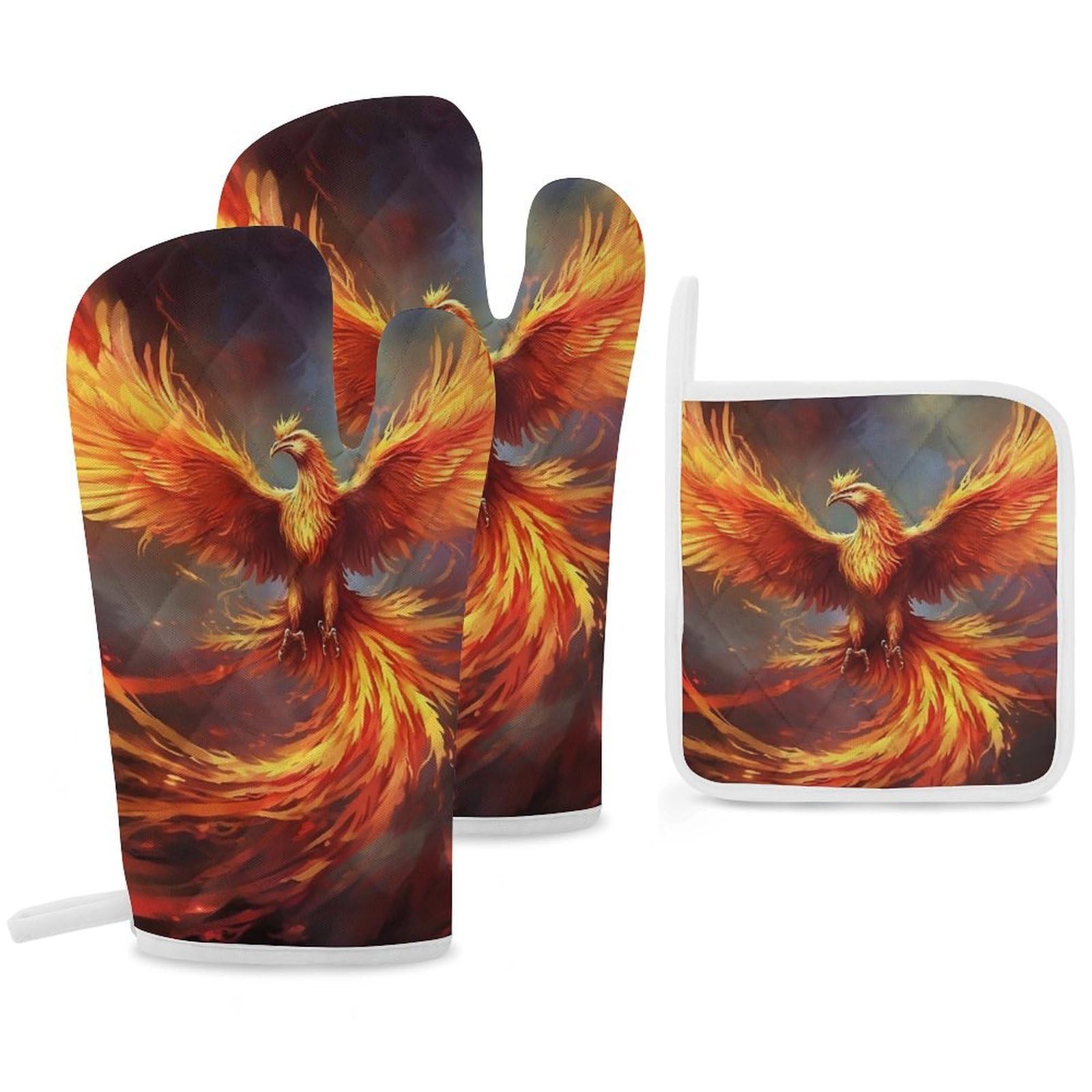 Oven Mitts And Pot Holders Sets of 3 Heat Resistant BBQ Gloves Fantasy Phoenix Oven Mitts Gloves Non-Slip Kitchen Mittens Potholders for Cooking Baking Grilling BBQ Microwave