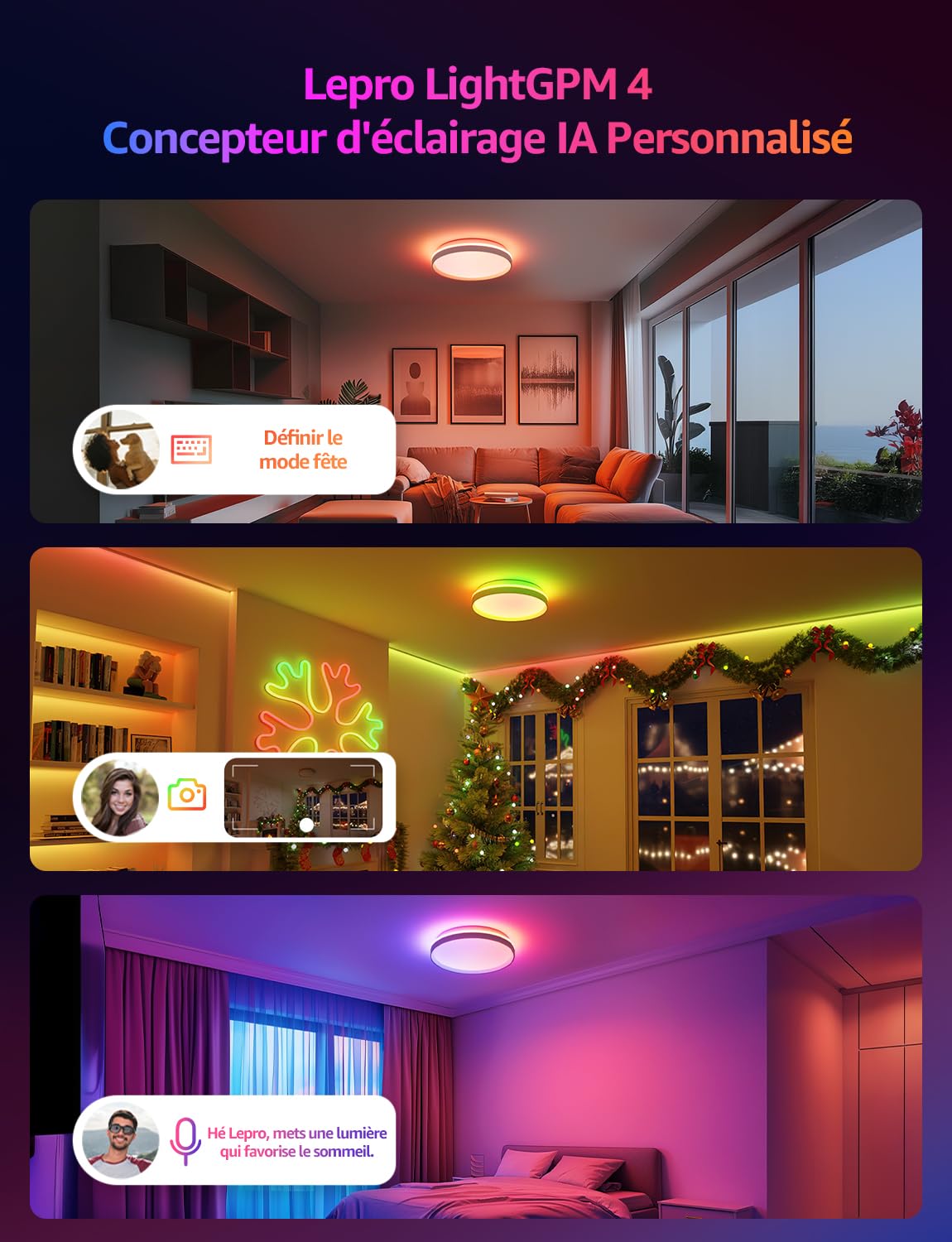 Lepro T1 IA Plafonnier LED Connecté, Concepteur d'Éclairage IA Personnalisé, Connectivité Wi-Fi et Bluetooth, 24W 1800LM, IP44 Etanche, pour Chambre, Salon, Couloir, Cuisine（φ29cm）
