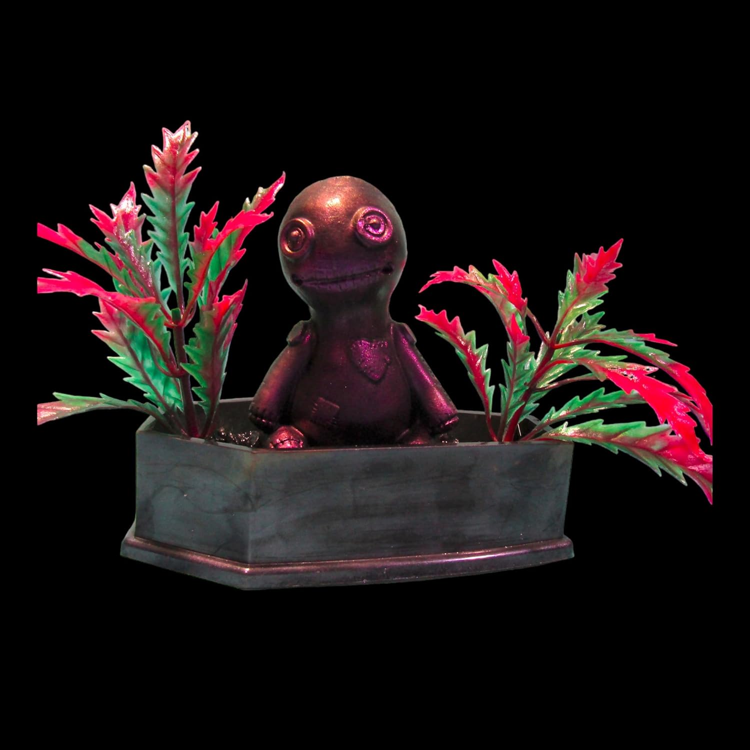 Handmade Purple Voodoo Doll Coffin Aquarium Decoration with Green & Pink Artificial Plant. Gothic Halloween Fish Tank Decor Ornament.
