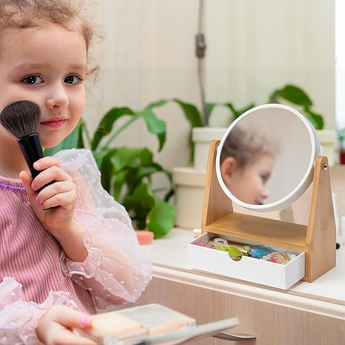 Miniatura 10 de YEAKE Espejo de maquillaje de tocador con almacenamiento, espejo de aumento de doble cara 1X3X con soporte de bambú natural ajustable, espejo