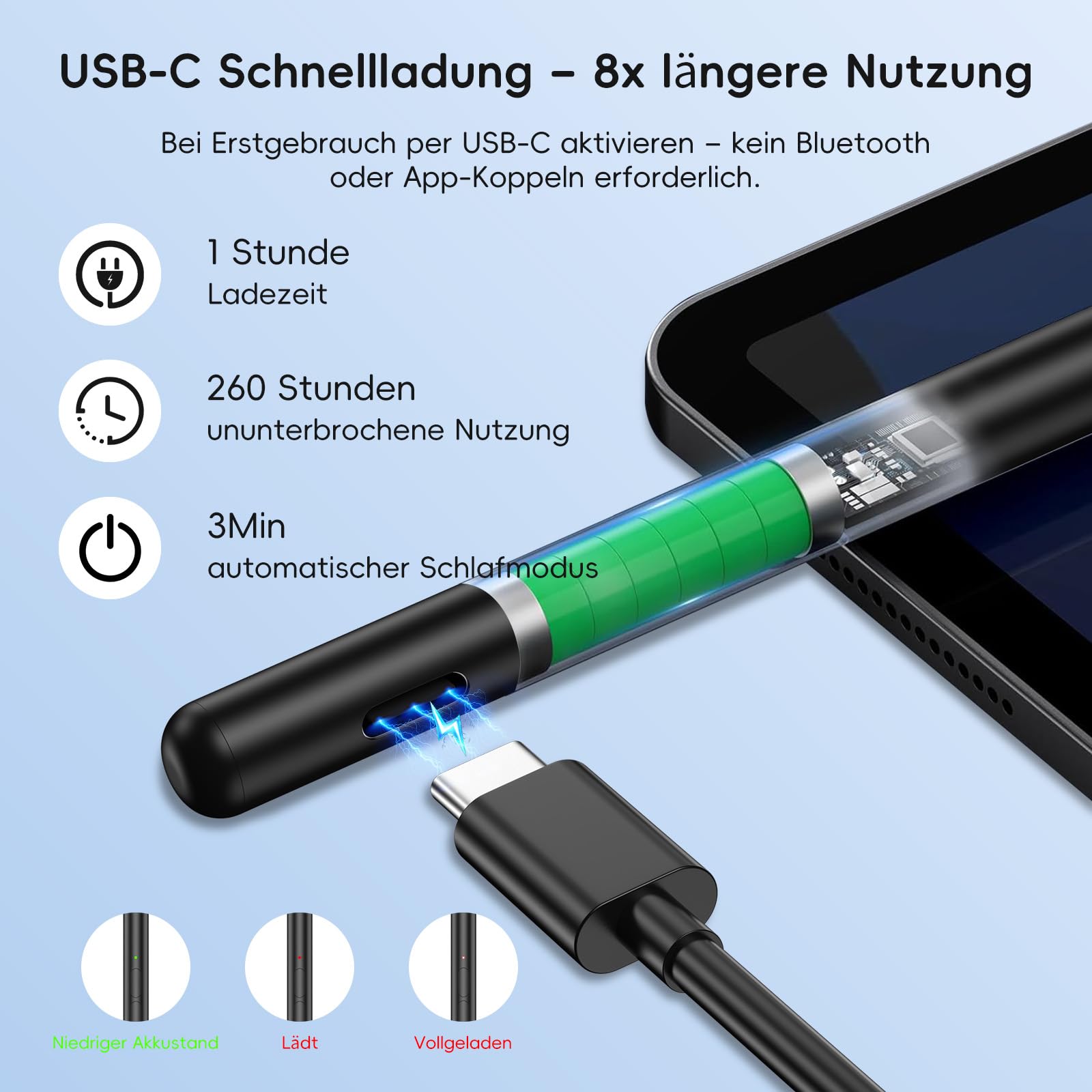 Lápiz para Surface, 4096 Niveles de Presión, Batería de 260h, Carga Rápida USB-C, Sensible a la Inclinación, Rechazo de Palma para Microsoft Surface Pro 11/X/9/8/7/6/5/4/3, Go/Studio/Book/Laptop