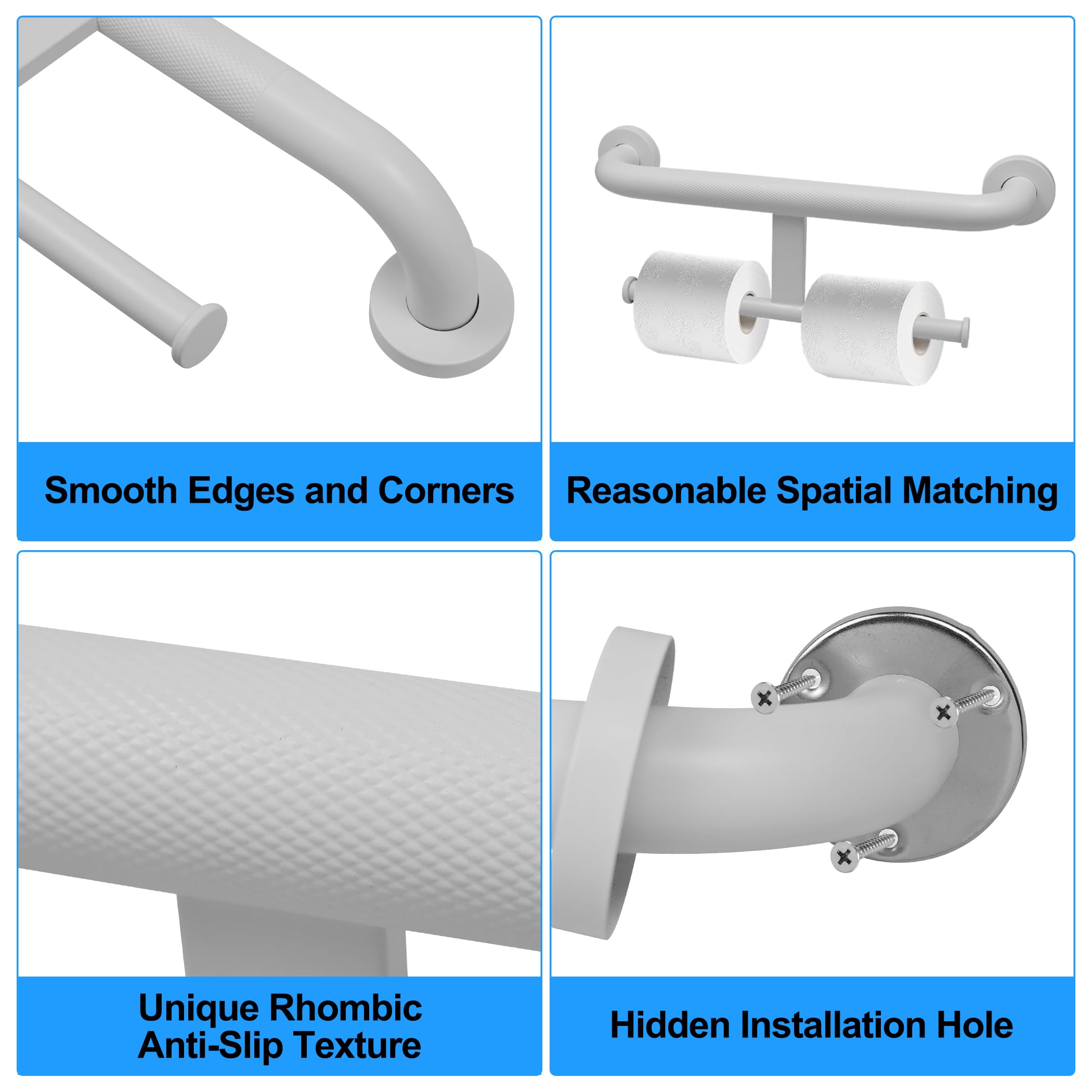 Maniglione per disabili con porta rotolo di carta igienica, maniglia di supporto di sicurezza 2 in 1, 40 cm, in acciaio inox bianco, montaggio a parete, per anziani e anziani