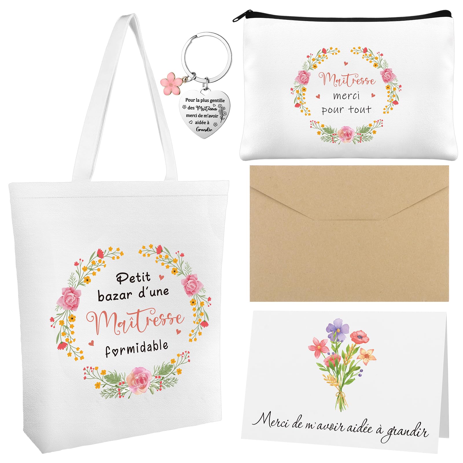 Sac en Coton Trousse de Toilette Porte-clés Carte de Vœux Set 4 Pièces Cadeau pour Maitresse Institutrice ATSEM AESH Fin d'Année