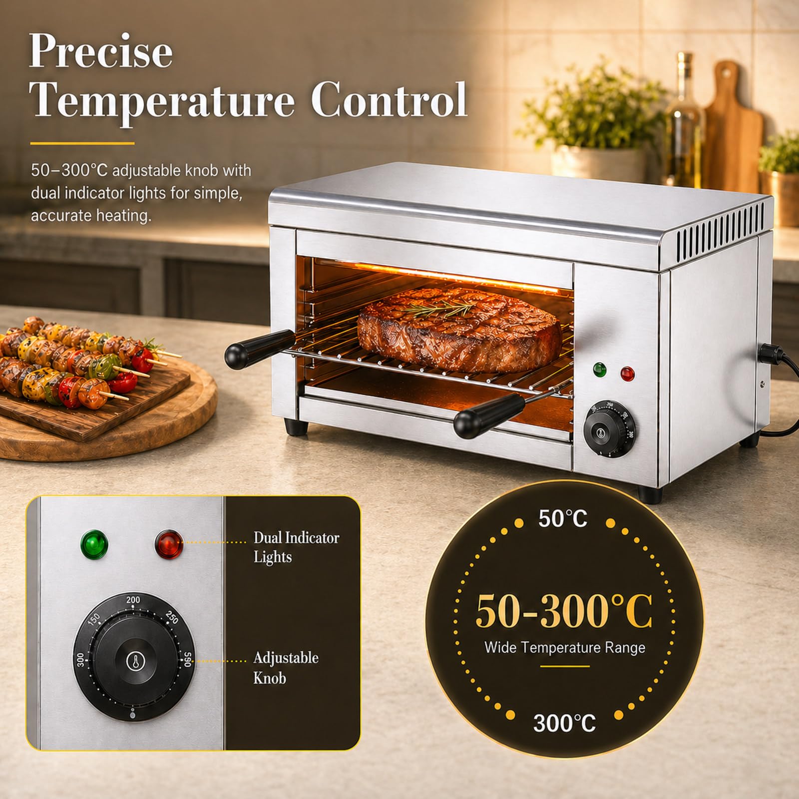 Fácil de Limpiar Salamandra Eléctrica 2000 W, fundidor de Queso Profesional con 4 Niveles, Control termostático y diseño de Pared para Tostadas y Pizza