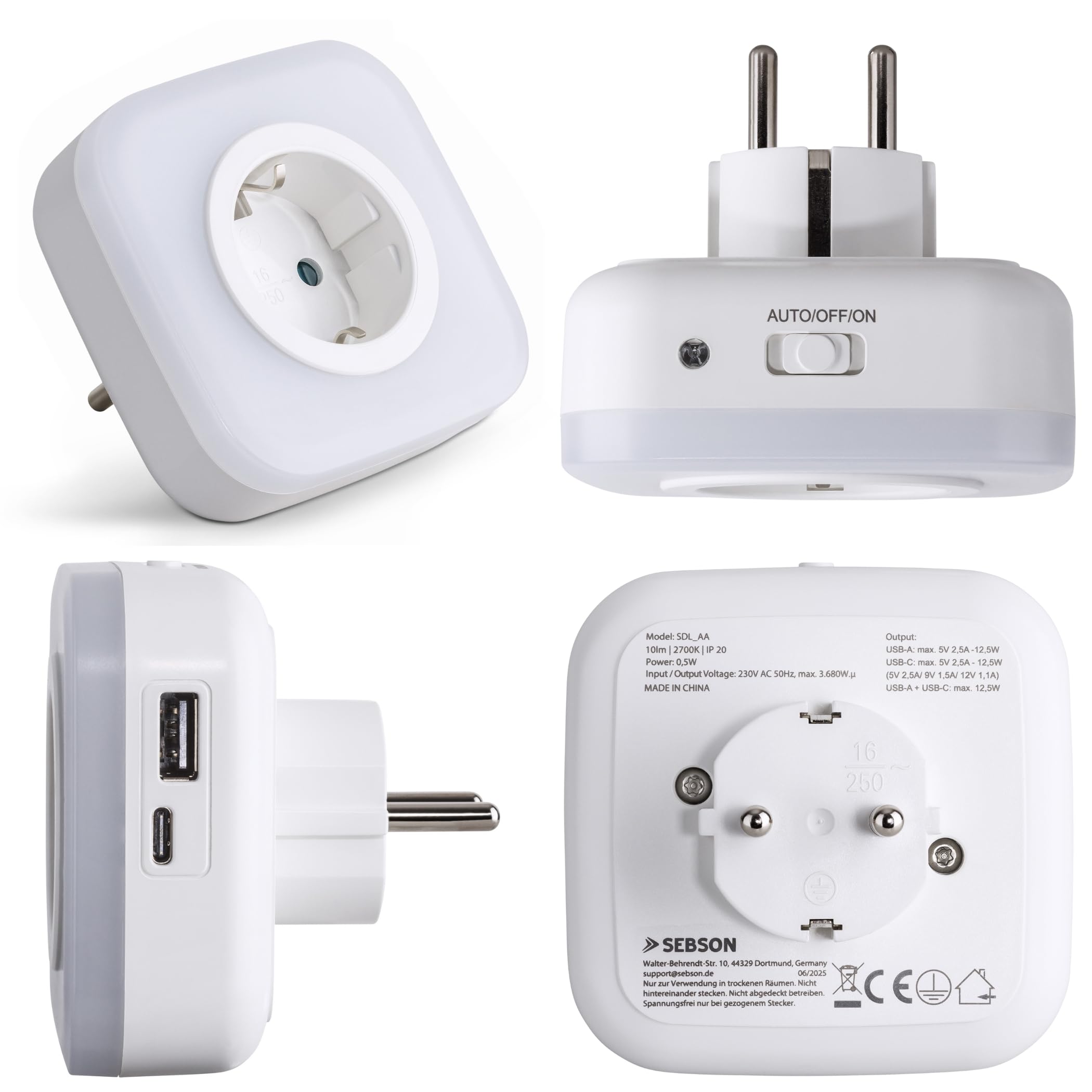 SEBSON Luz Nocturna LED con Enchufe - Set de 2 - Sensor Crepuscular | Puertos USB-C y USB-A, Interruptor On/Off - Blanco cálido, Lámpara de Enchufe