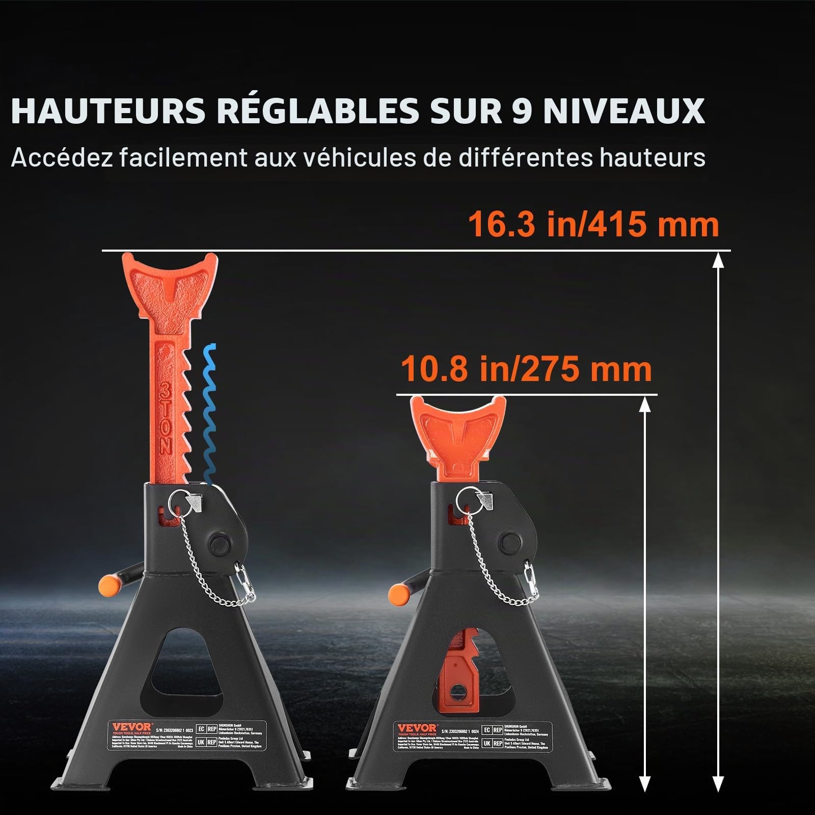 VEVOE 1 Paire de Chandelles de Levage Capacité 3 tonnes Chandelle de Voiture Réglable en Hauteur 275-415 mm en Acier Double Verrouillage Aides pour Soulever des Véhicules Auto SUV Atelier Dépannage