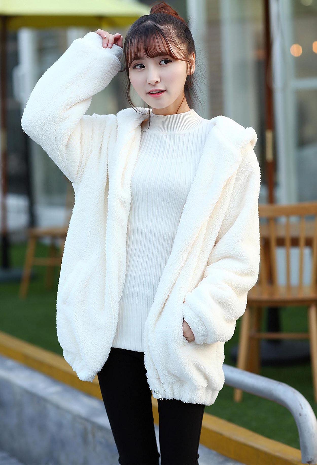 YUNZLAN Fluffy Fashion Tail ears Hoodie For Women Girl,Winter Warm Plush Sweatshirt Sweater Animal Jacket Hoodies: One Size White Rabbit