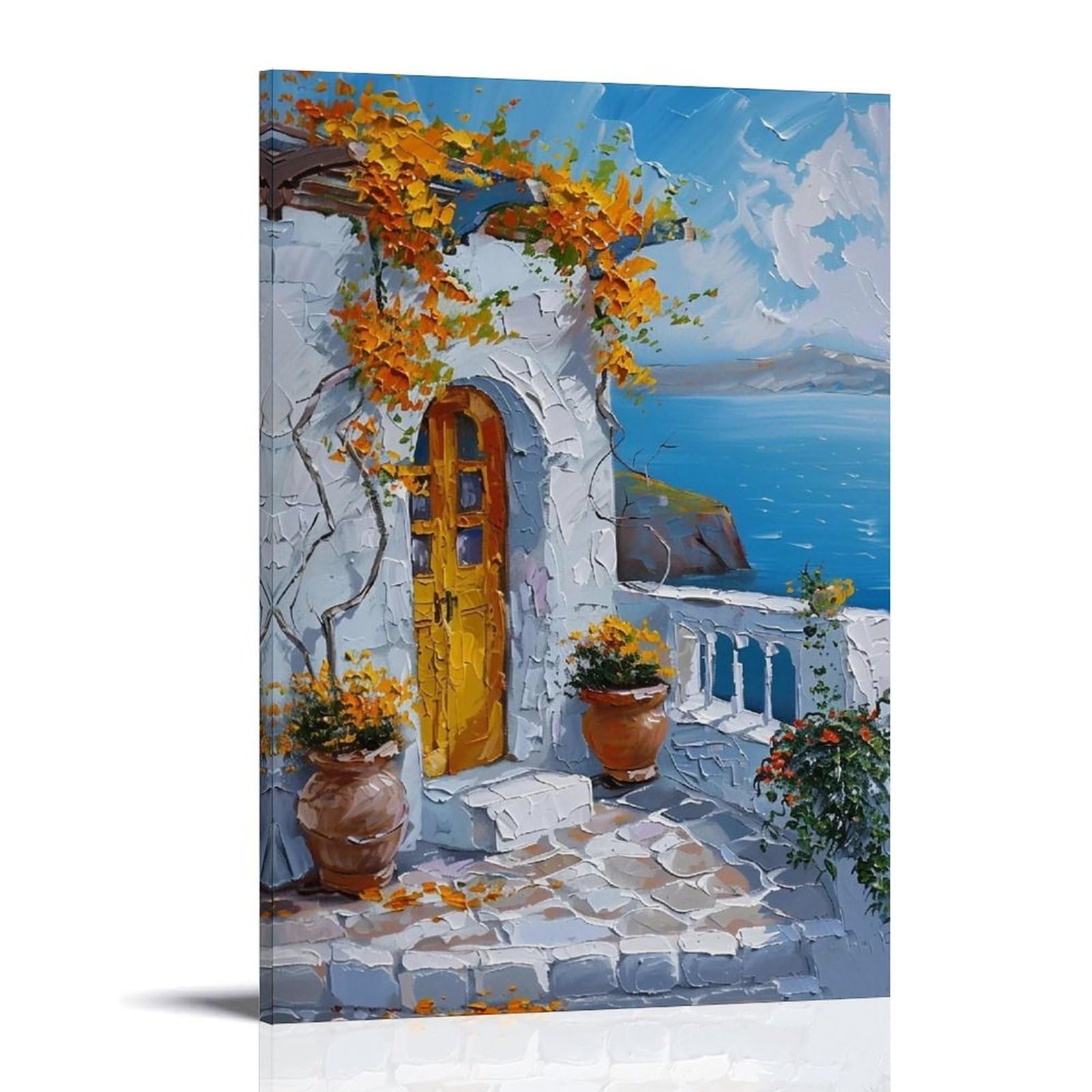 WHOUHJYE Aegean Yellow Door 04 Poster Wall Art Canvas Vintage Aesthetic Painting Decor for Rooms 16x24inch Frame-style
