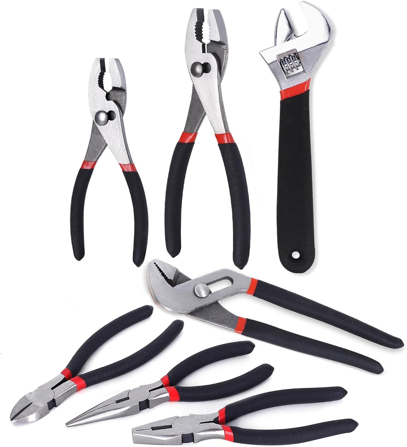 FASTPRO 7-Piece Utility Pliers and Wrench Set, Includes 8" Adjustable Wrench, 8" Groove Joint, 8" & 6" Slip Joint, 6" Long Nose, 6" Diagonal and 6" Linesman Pliers, Dipped Handle