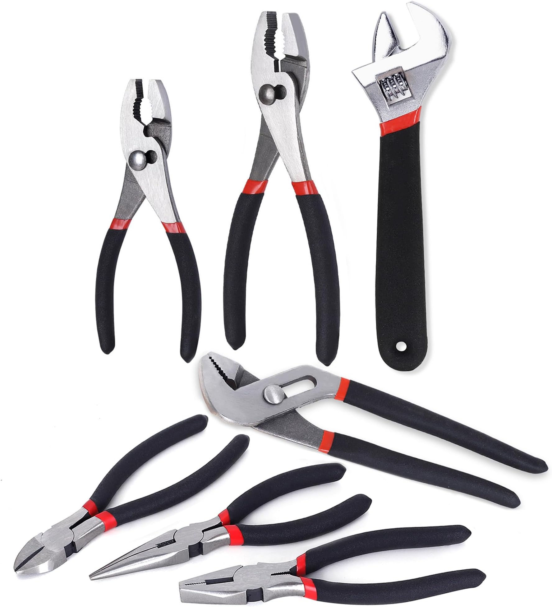 7-Piece Utility Pliers and Wrench Set, Includes 8" Adjustable Wrench, 8" Groove Joint, 8" & 6" Slip Joint, 6" Long Nose, 6" Diagonal and 6" Linesman Pliers, Dipped Handle