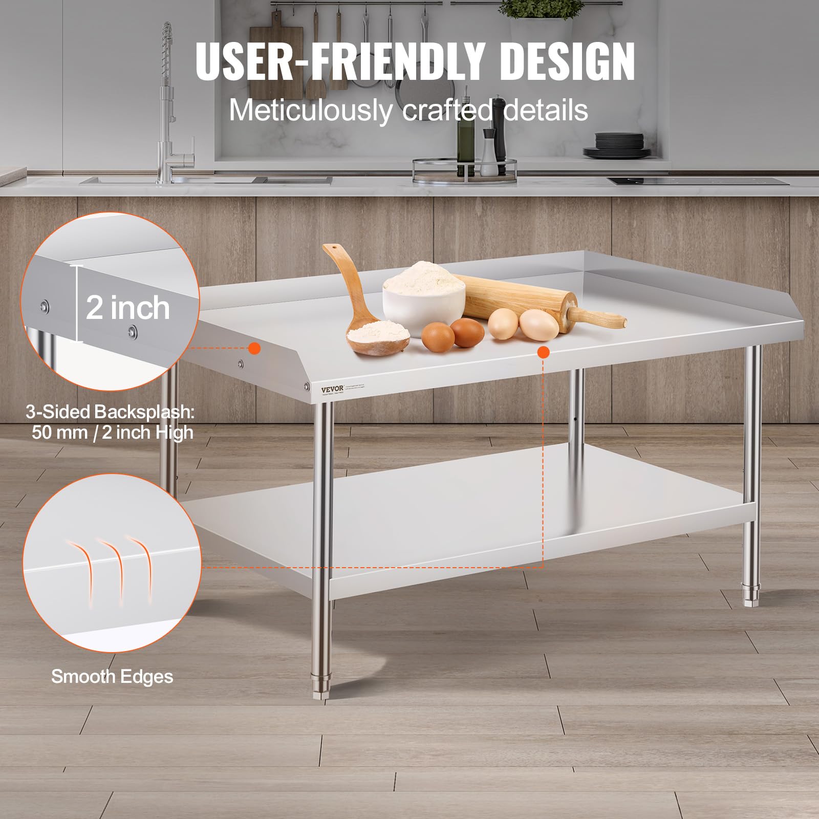 VEVOR Mesa de Trabajo de Acero Inoxidable 76,2 x 121,9 x 66 cm, Mesa de preparación de Alimentos con Respaldo a 3 Lados, Altura Ajustable, Mueble de Almacenamiento, para Cocina, Restaurante, Bar