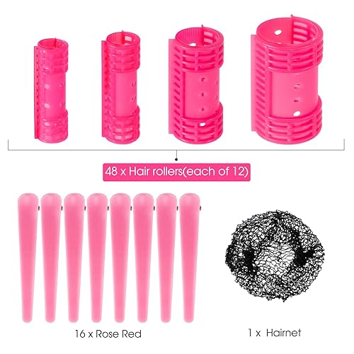 Miniatura 10 de Juego de 65 rodillos magnéticos de plástico, rizadores de pelo, 4 tamaños para cabello largo, mediano y corto, pinzas de pelo de pato, herramienta